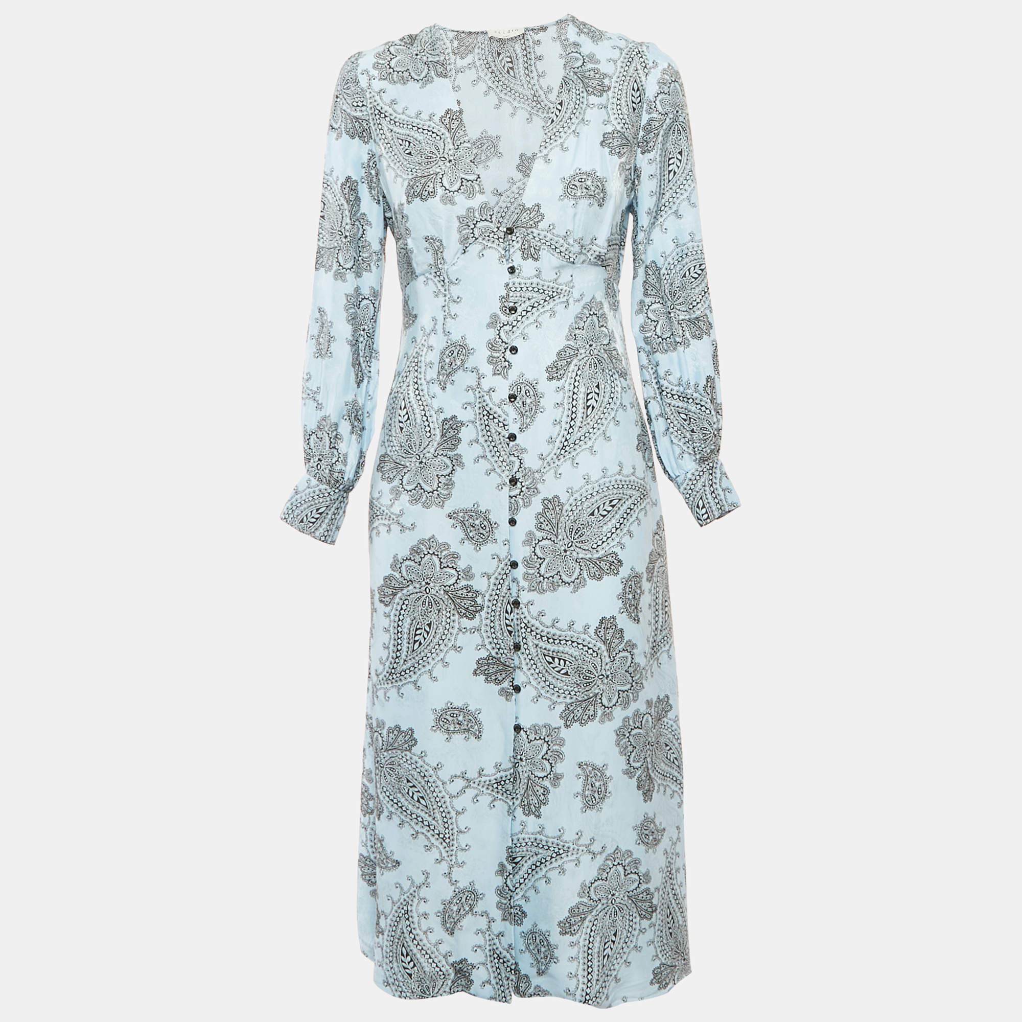 Sandro Blue Printed Sateen V-Neck Midi Dress M
