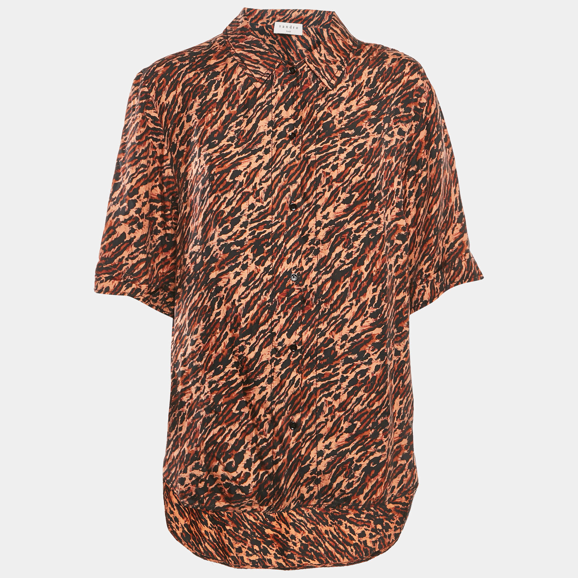 Sandro Brown Leopard Print Silk Short Sleeve Shirt L