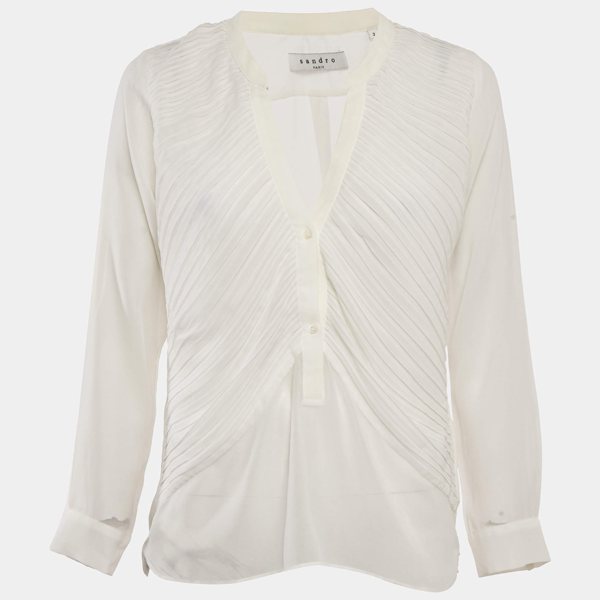 Sandro White Chiffon Pleated Blouse M