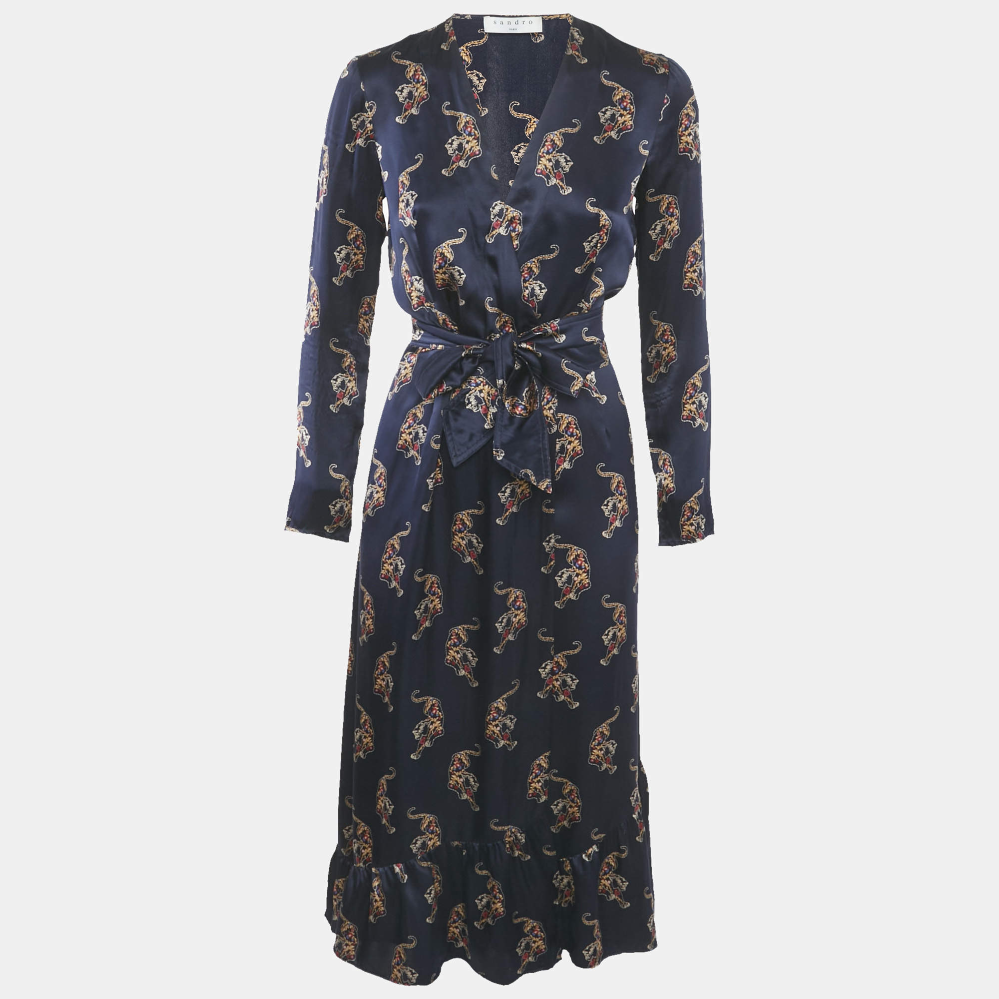 Pre Owned Sandro Navy Blue Oriental Tiger Print Satin Silk Wrap Dress S