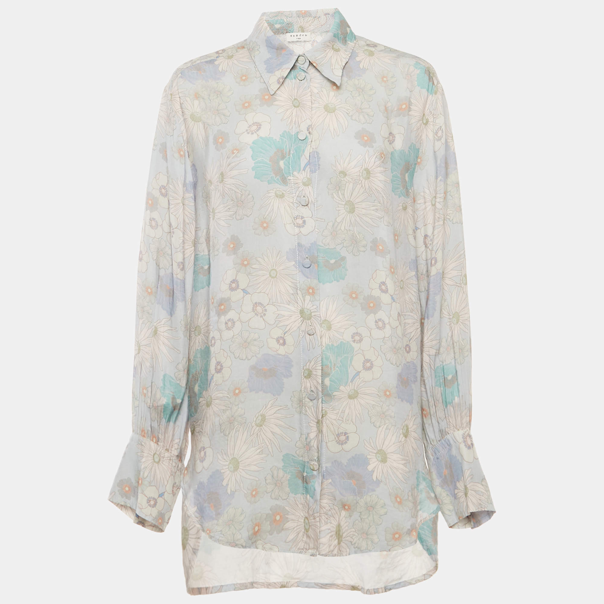Pre Owned Sandro Blue Floral Print Crepe Long Sleeve Shirt M