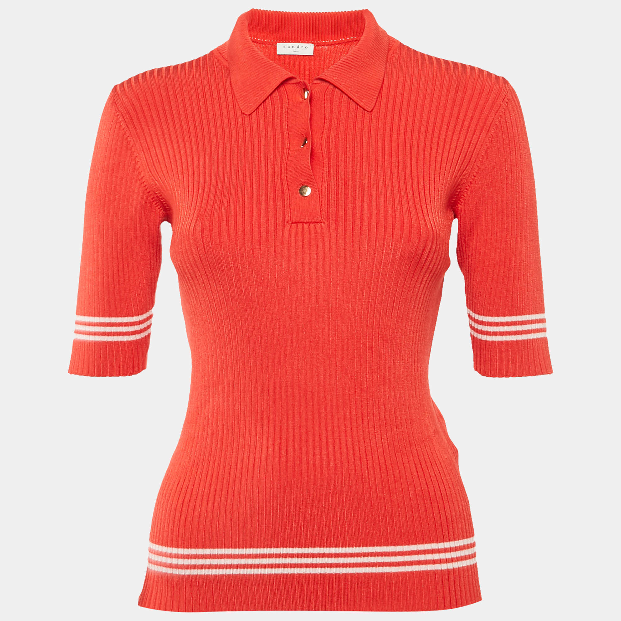 Pre Owned Sandro Red Rib Knit Short Sleeve Polo Top M