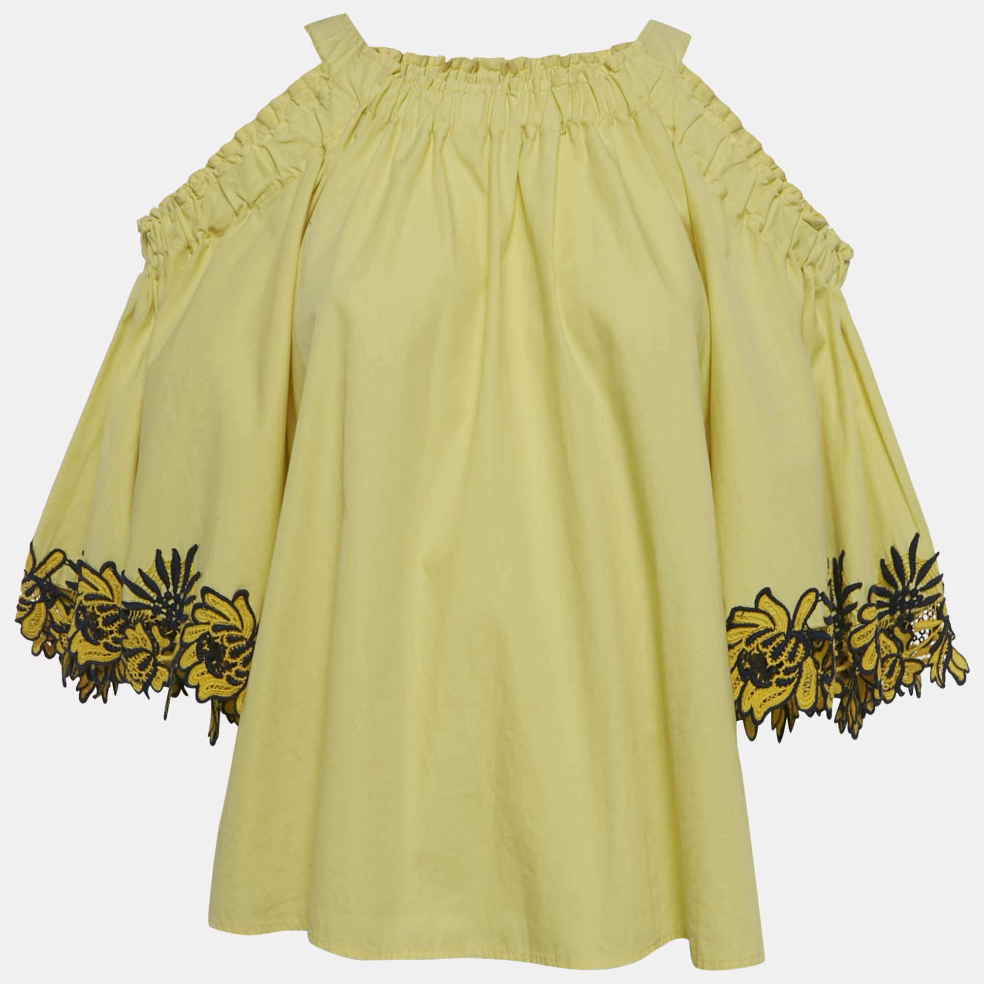 Pre Owned Sandro Yellow Lace Trim Cotton Cold-Shoulder Blouse M