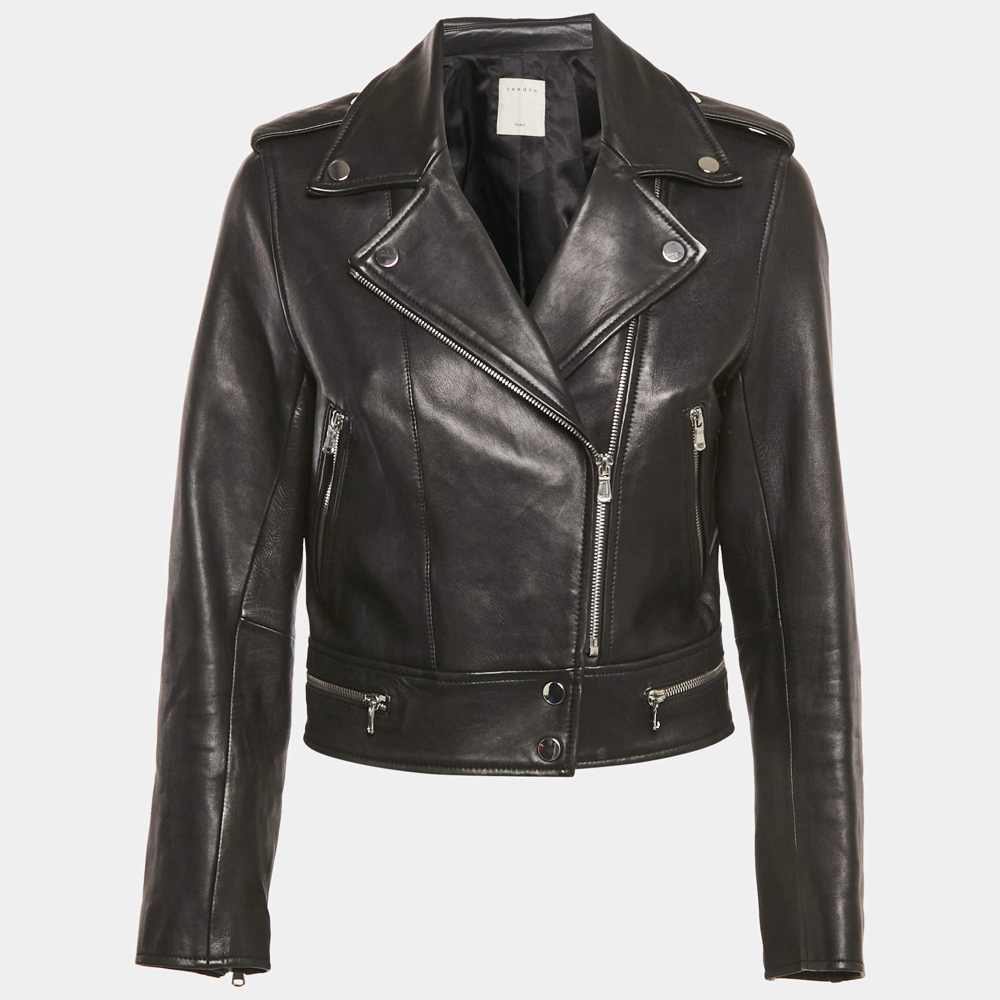 Pre Owned Sandro Black Leather Zip-Up Biker Jacket M