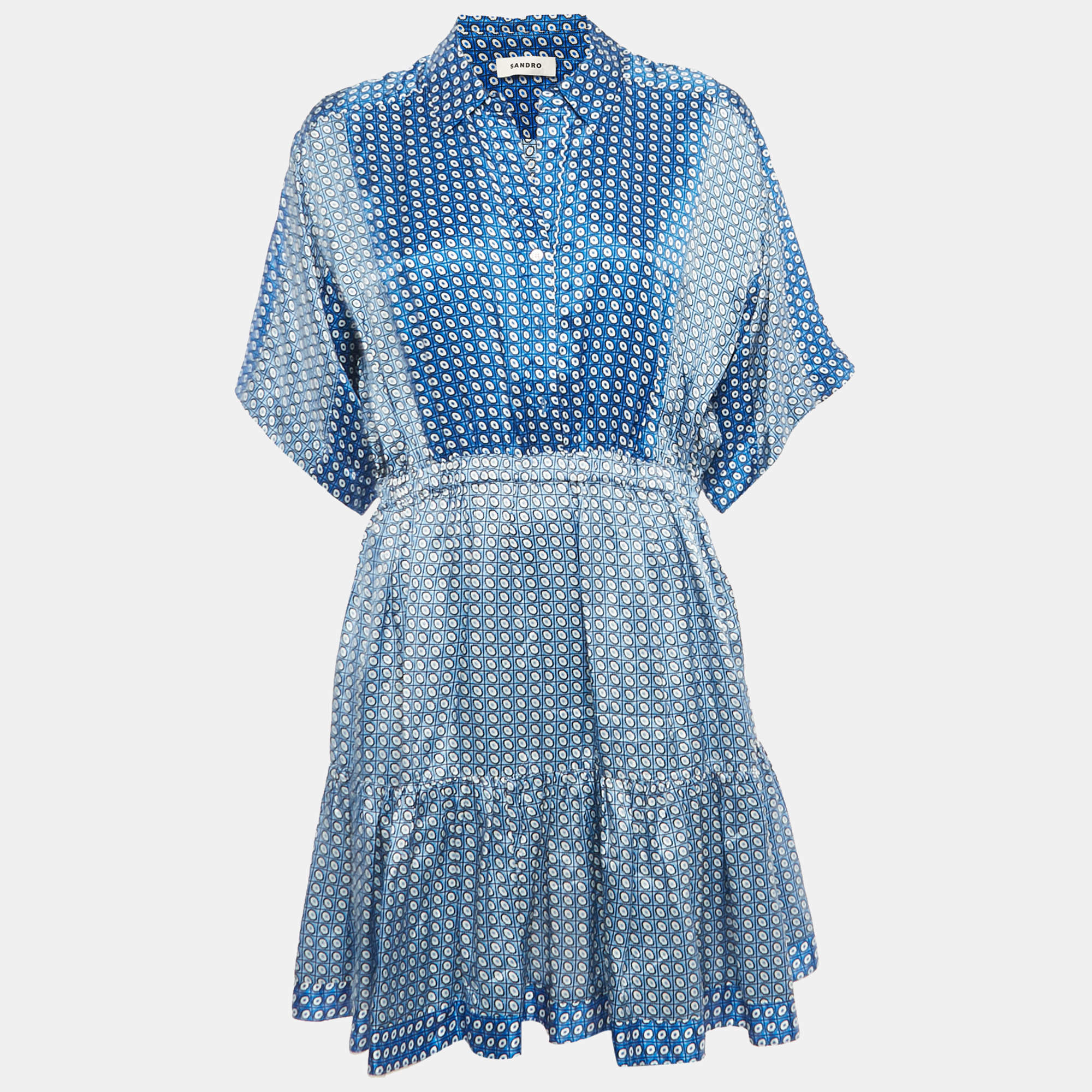 Pre Owned Sandro Blue Printed Satin Flounce Mini Dress M