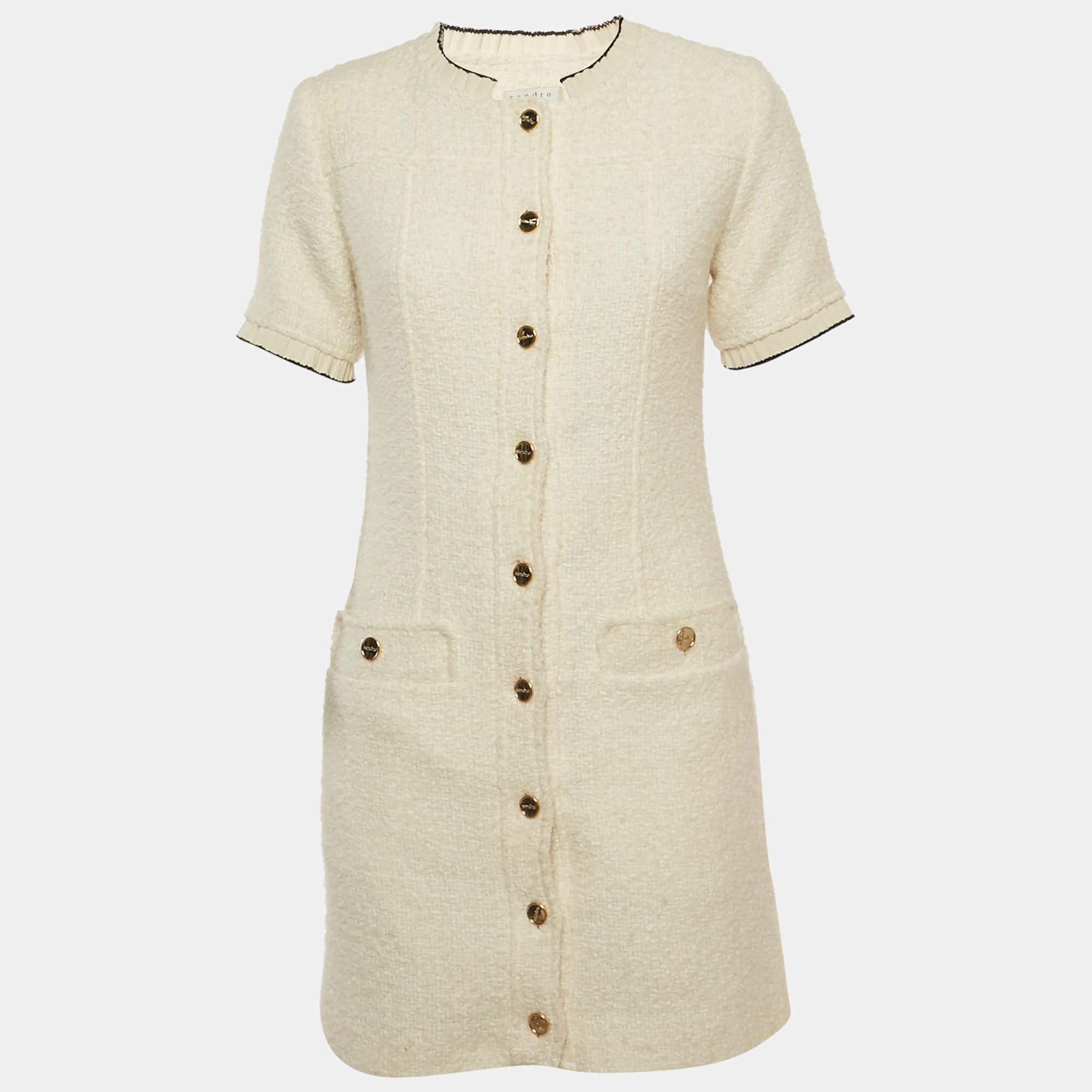 Pre Owned Sandro White Tweed Button Front Mini Dress S