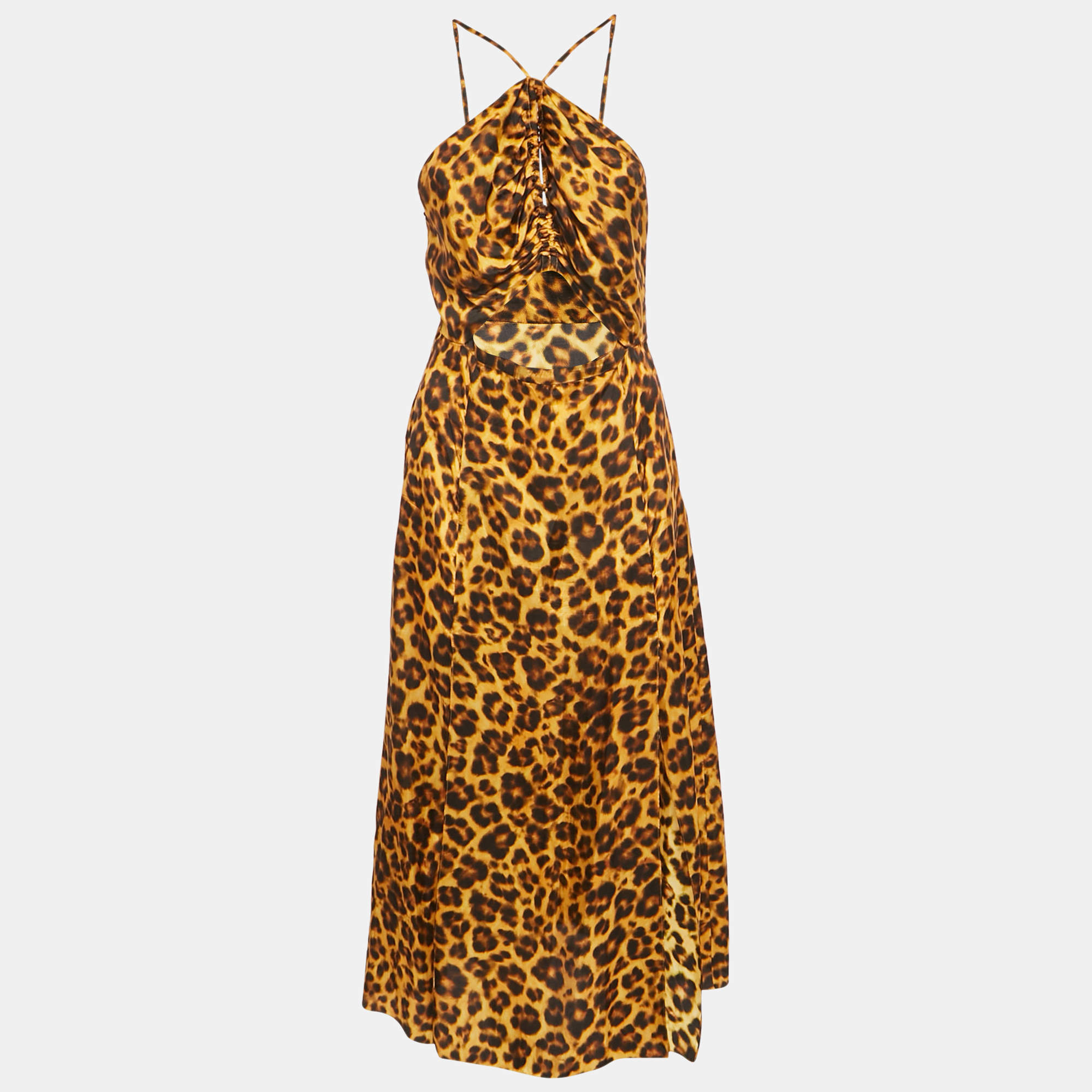 Pre Owned Sandro Orange Leopard Print Satin Cut-Out Ruched Midi Dress S
