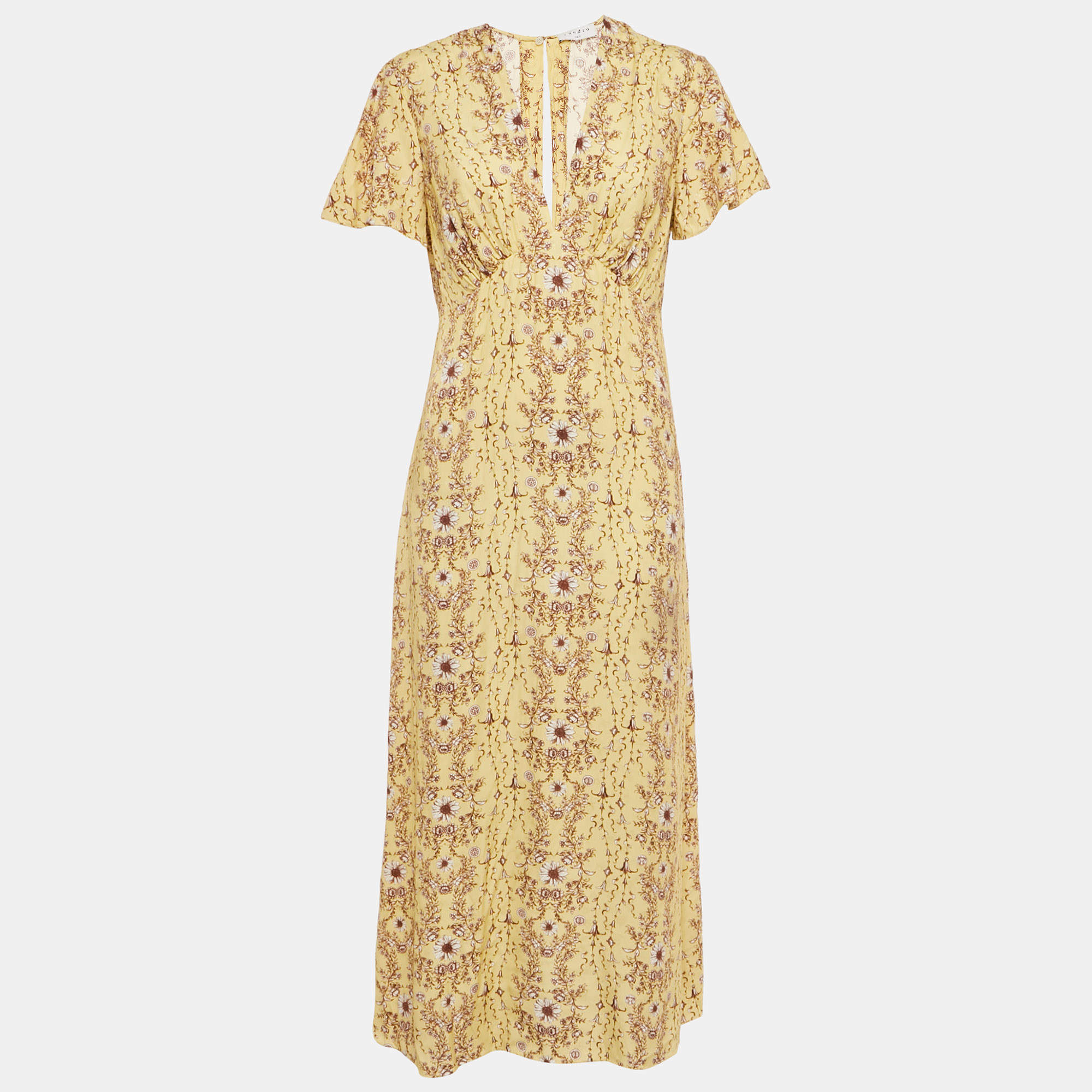 Pre Owned Sandro Yellow Floral Print Crepe V-Neck Midi Dress S   