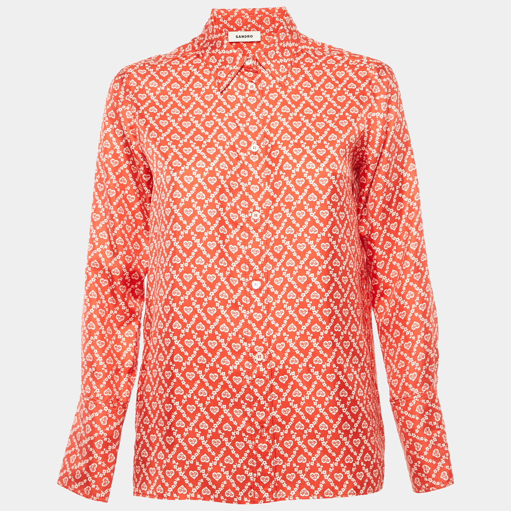 Pre Owned Sandro Red Printed Silk Button Front Long Sleeve Shirt XS