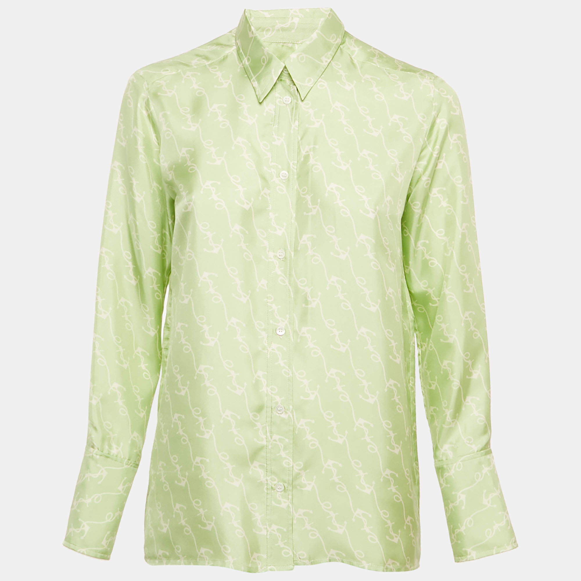 Pre Owned Sandro Green Anchor Print Silk Long Sleeve Shirt S