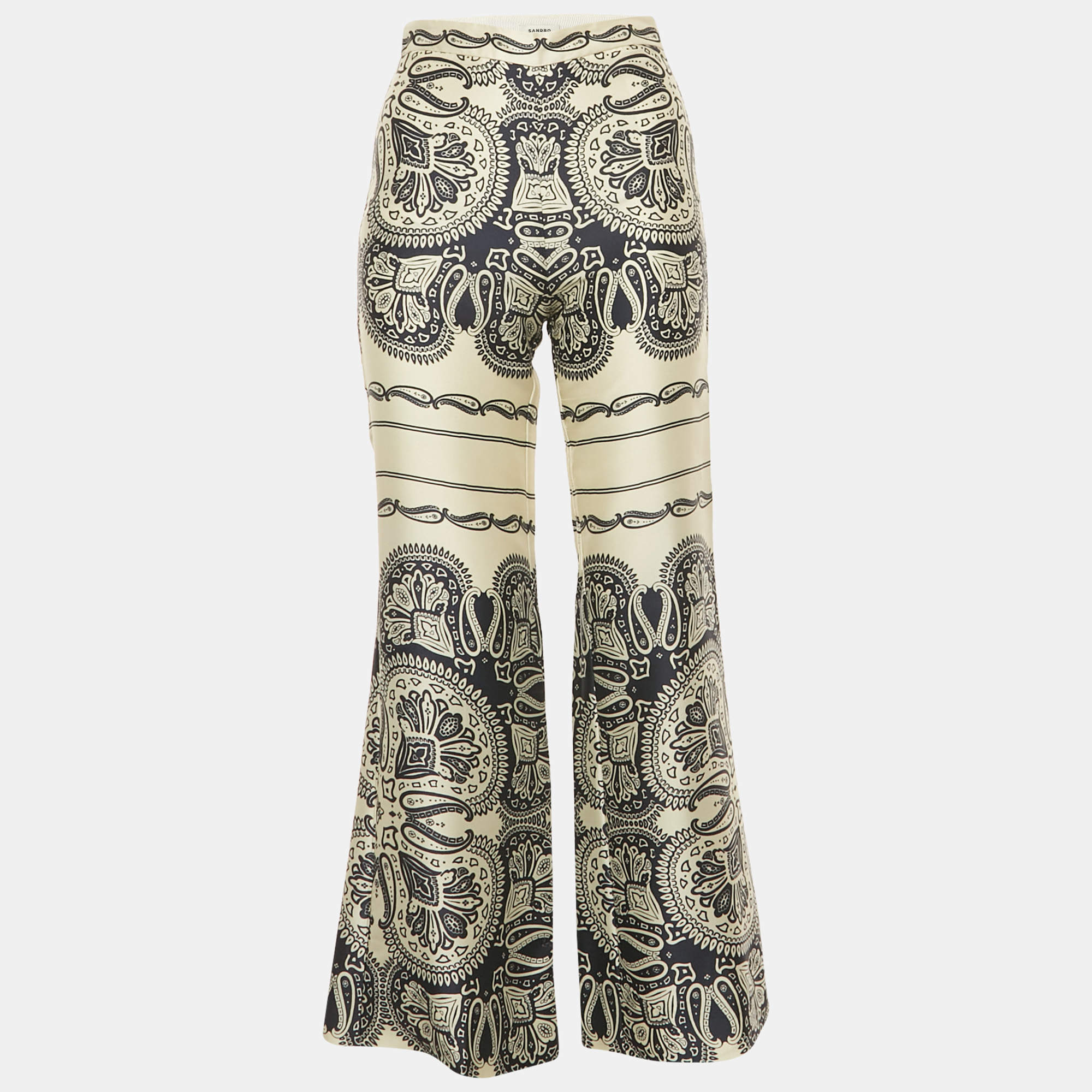 Pre Owned Sandro Cream/Blue Printed Satin Flared Trousers XS