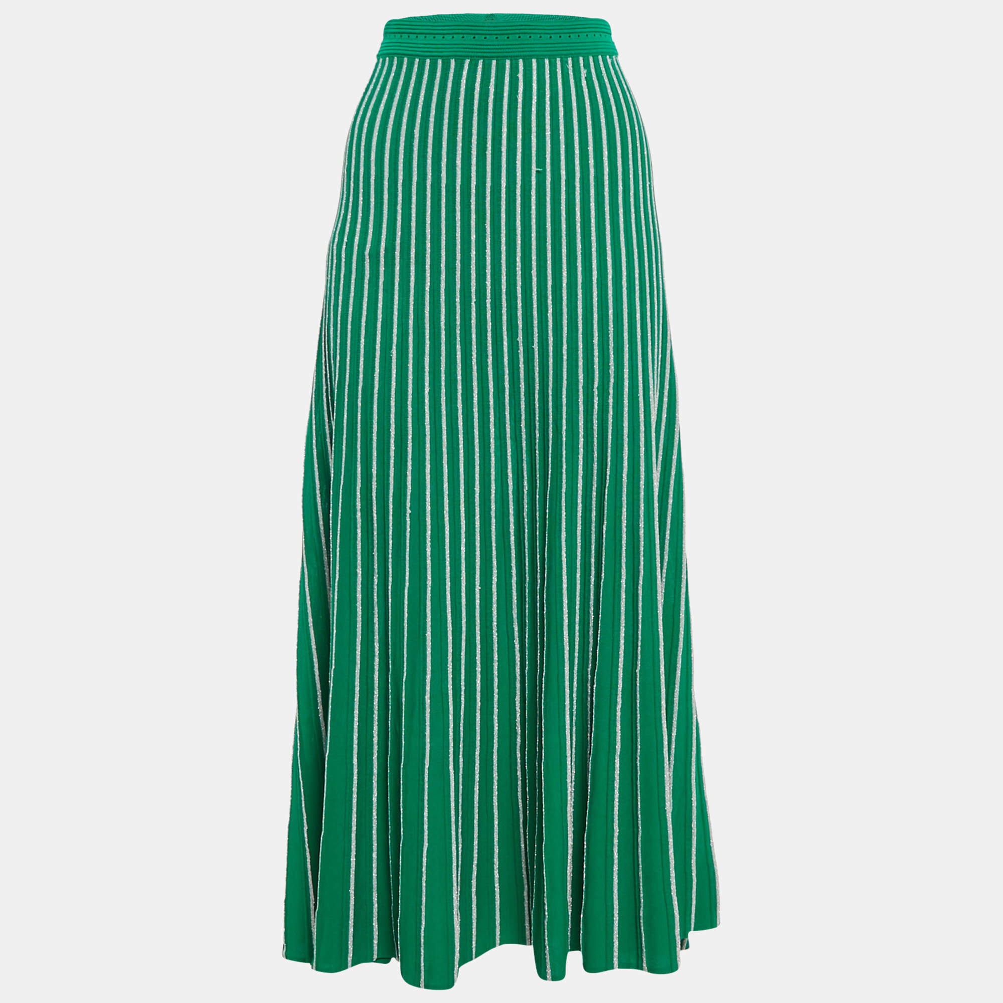 Pre Owned Sandro Green Lurex Striped Knit Midi Skirt L
