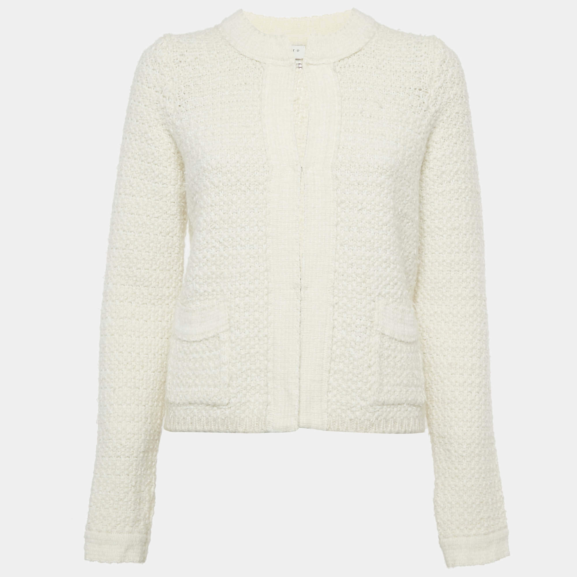 Pre Owned Sandro Off-White Tweed Open Front Cardigan S