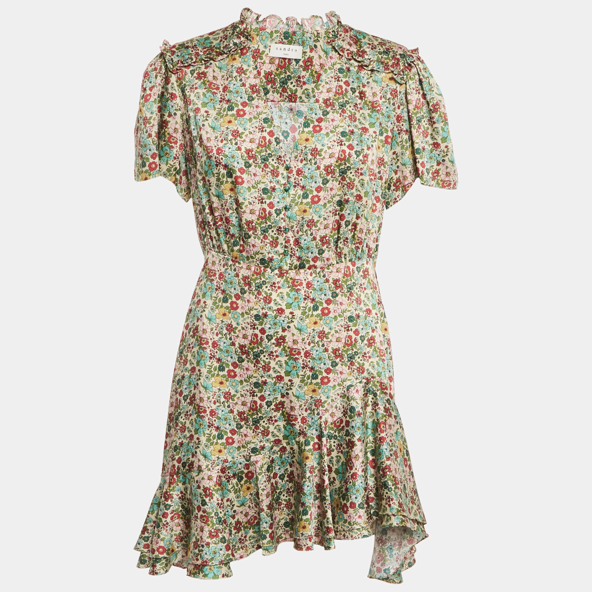 Pre Owned Sandro Cream Floral Print Crepe Ruffled Mini Dress L