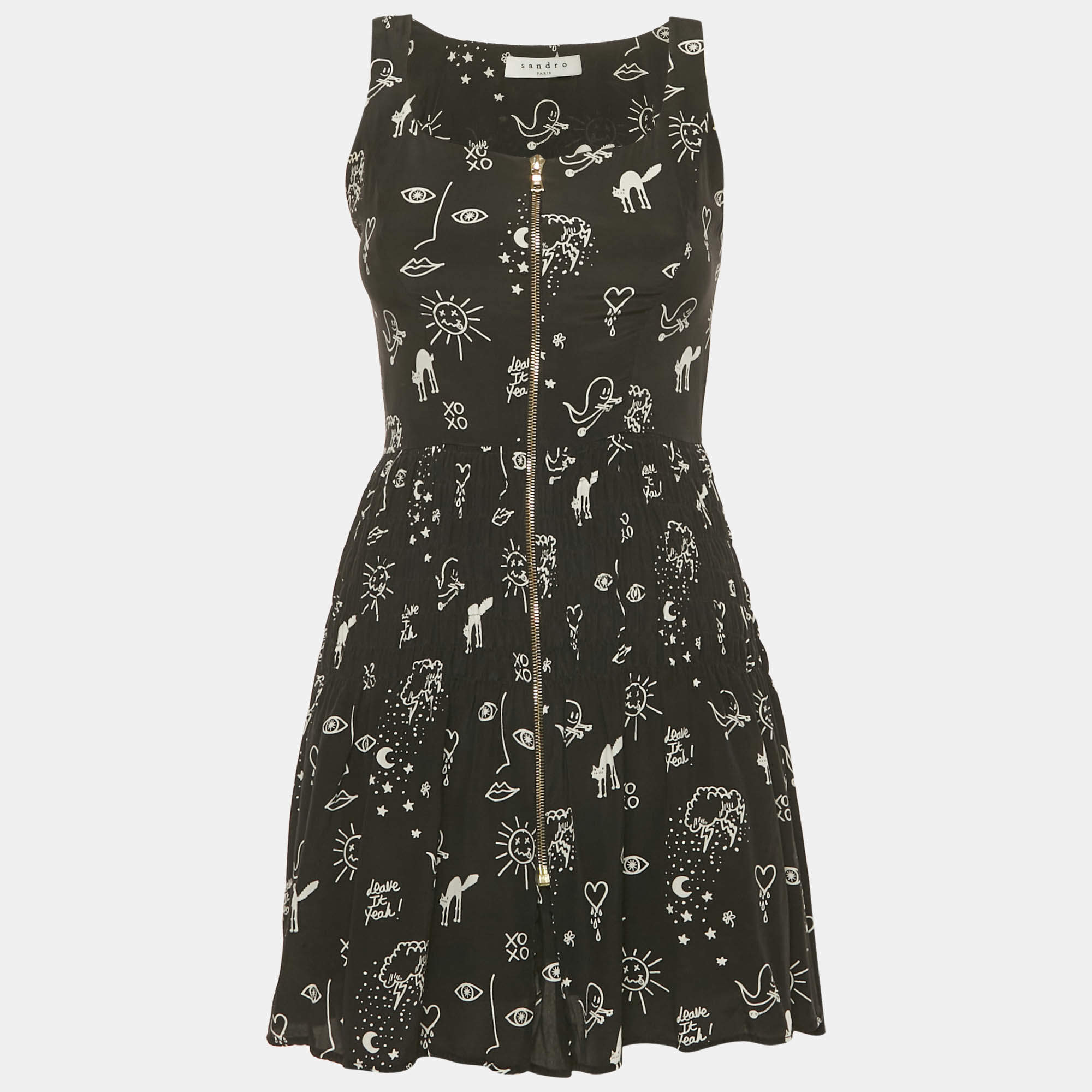 Pre Owned Sandro Black Printed Silk Mini Dress S