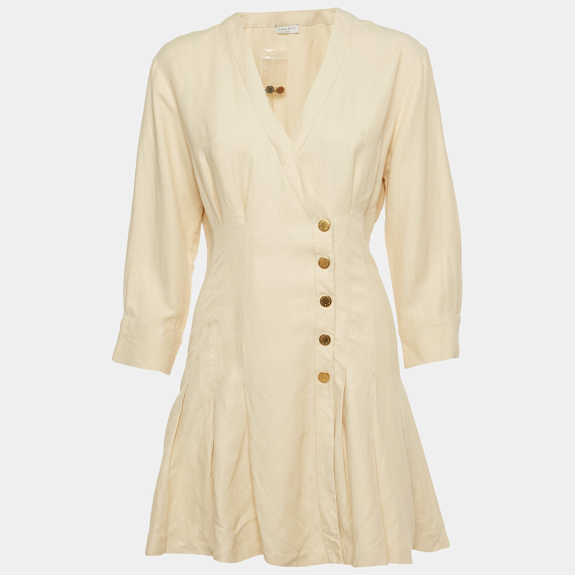 Pre Owned Sandro Cream Linen Blend Pleated Mini Dress XS