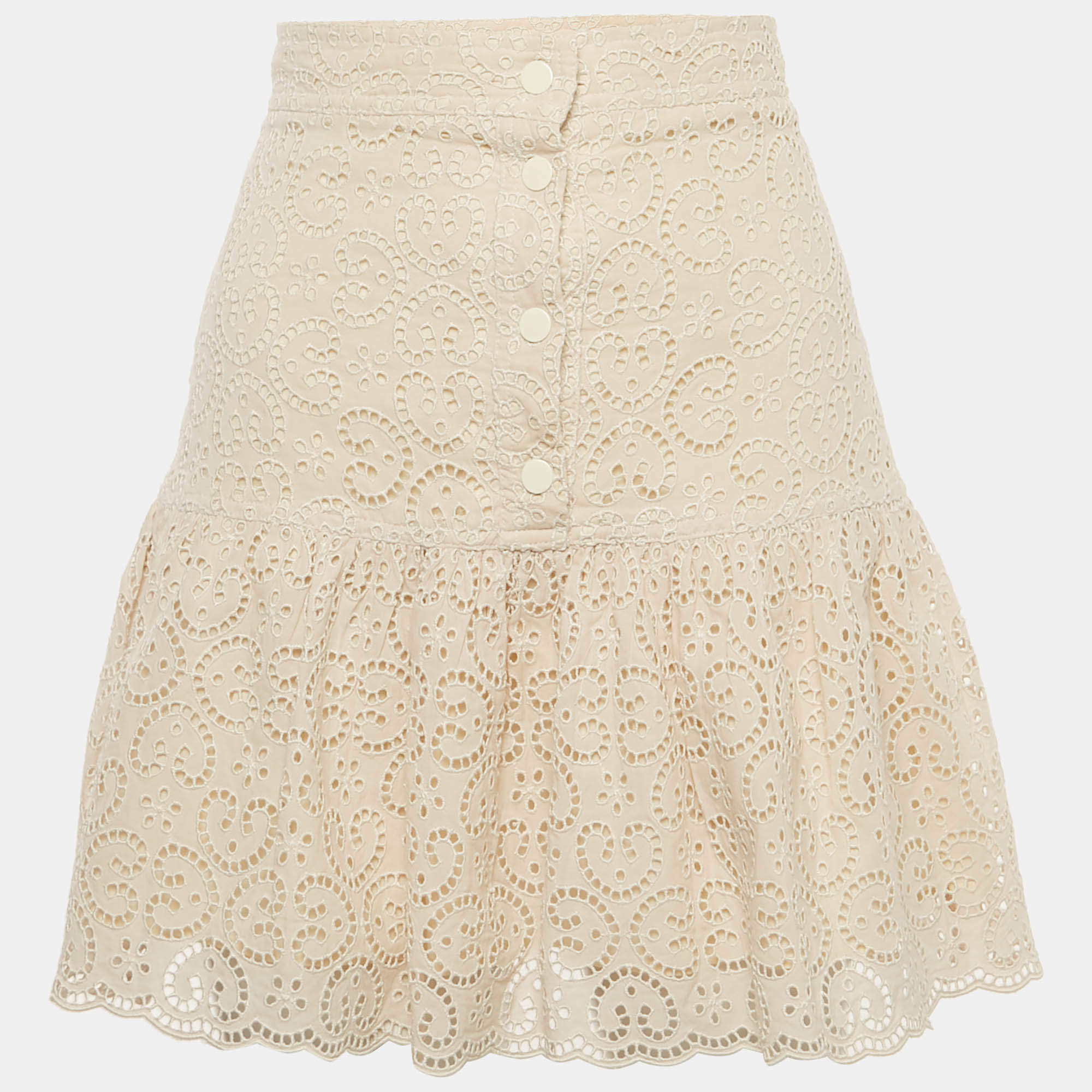 Pre Owned Sandro Beige Broderie Anglaise Tiered Mini Dress S