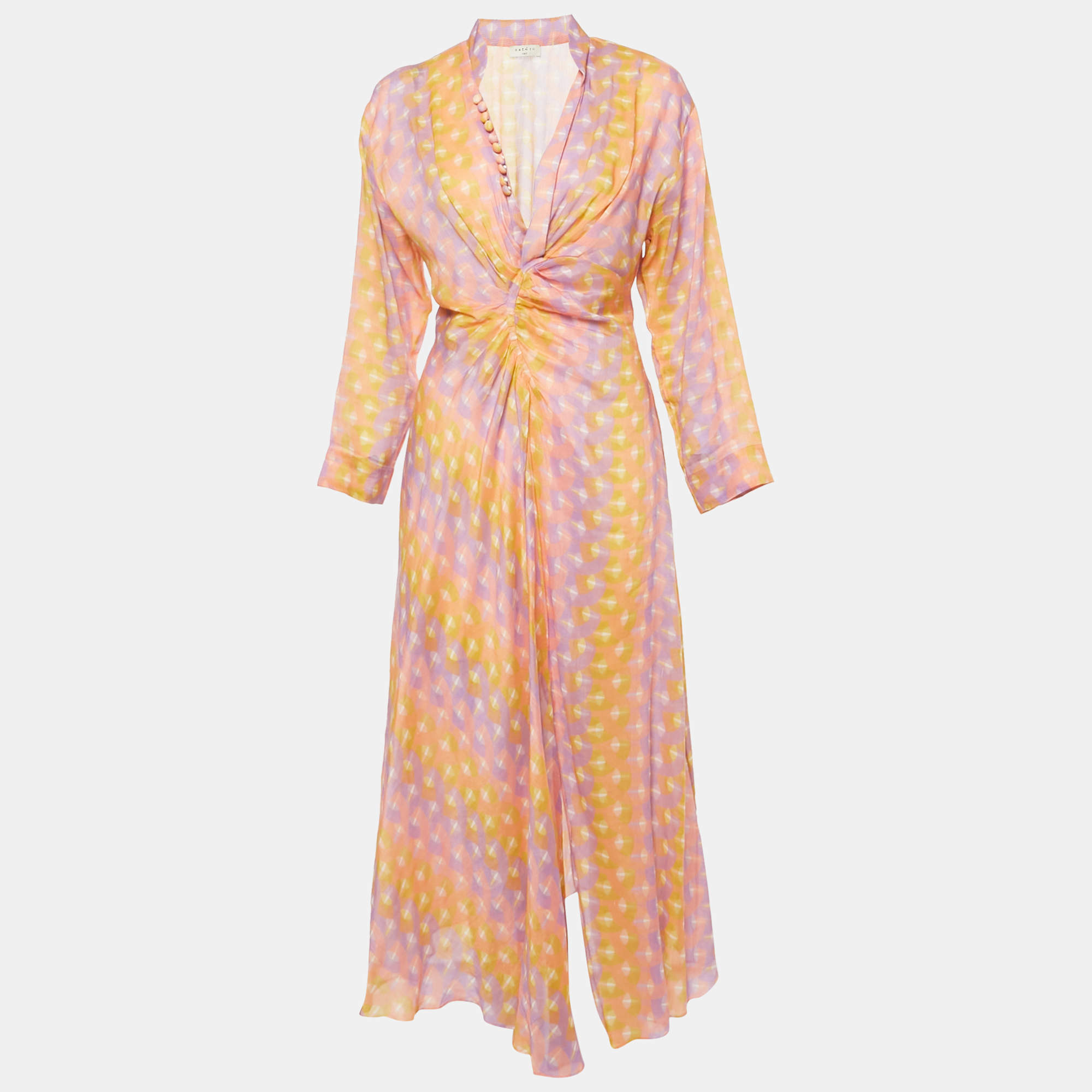 Pre Owned Sandro Pink Printed Silk Blend Crossover V-Neck Midi Dress M