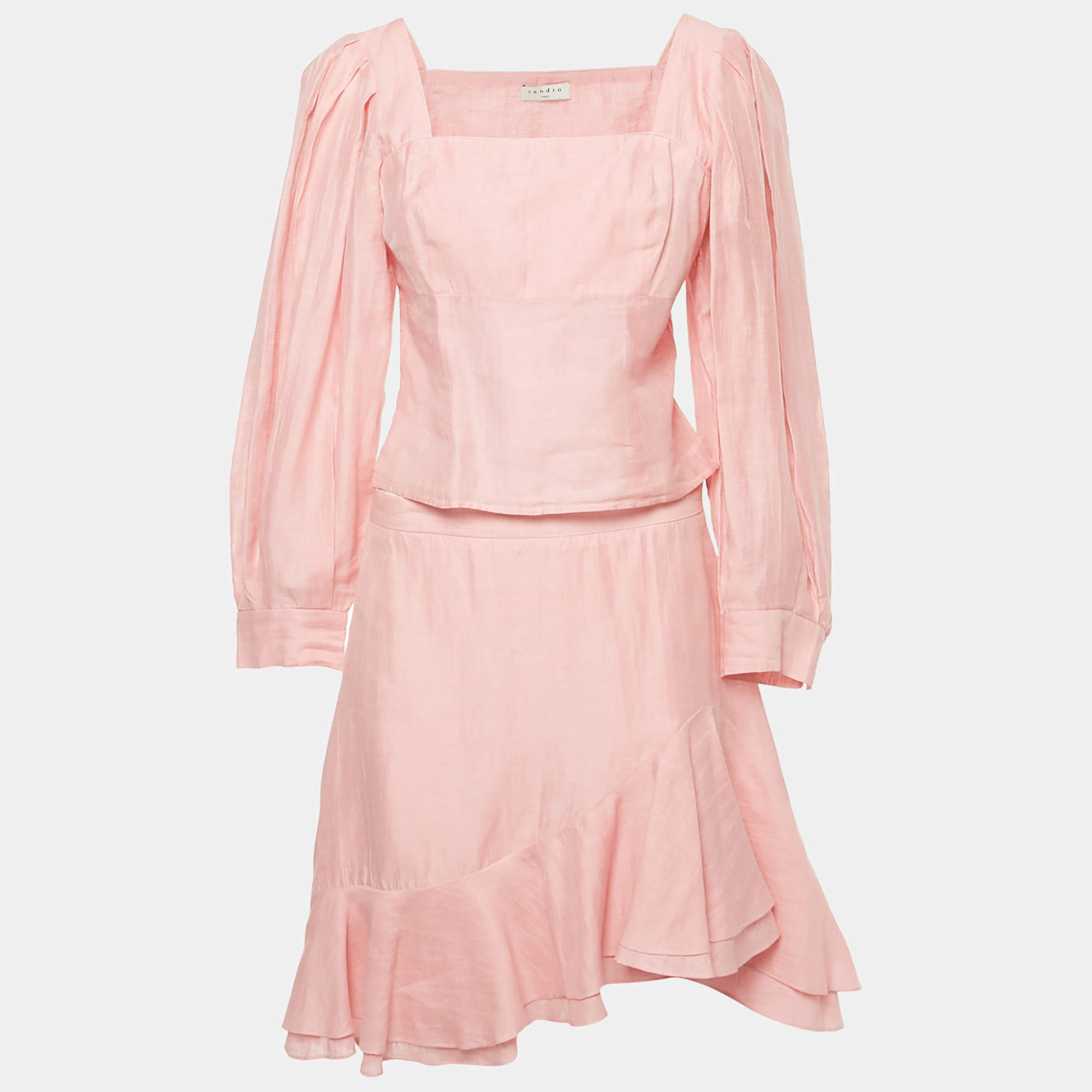 Pre Owned Sandro Pink Linen Ruffled Top and Skirt Set L