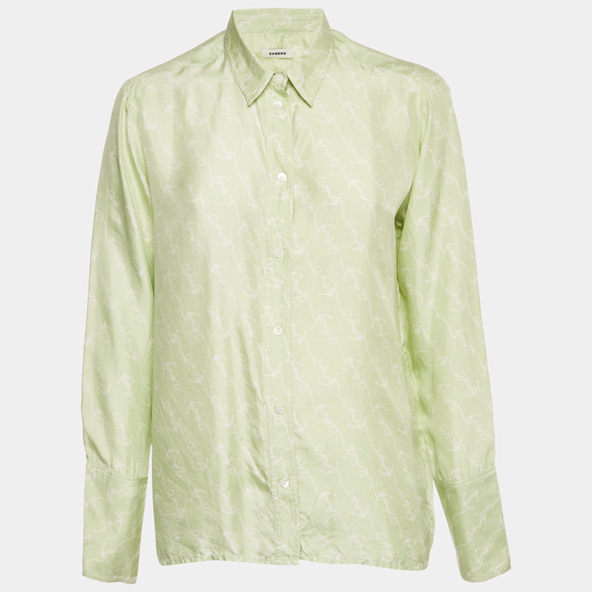 Pre Owned Sandro Green Anchor Print Silk Long Sleeve Shirt M