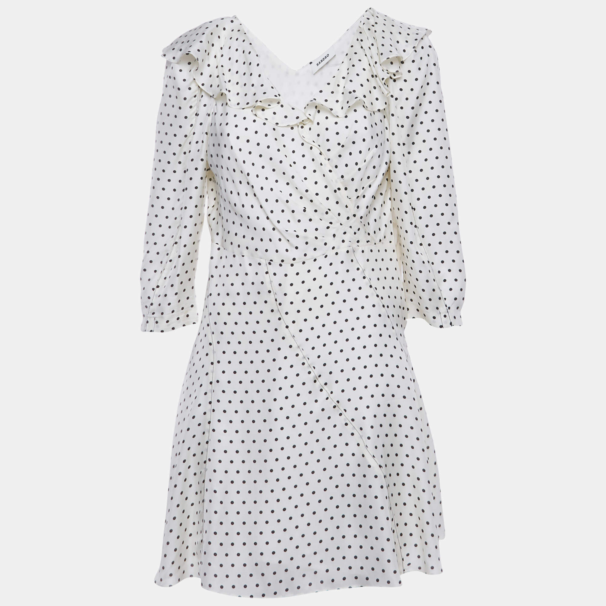 Pre Owned Sandro White Polka Dots Print Crepe Ruffled Mini Dress L