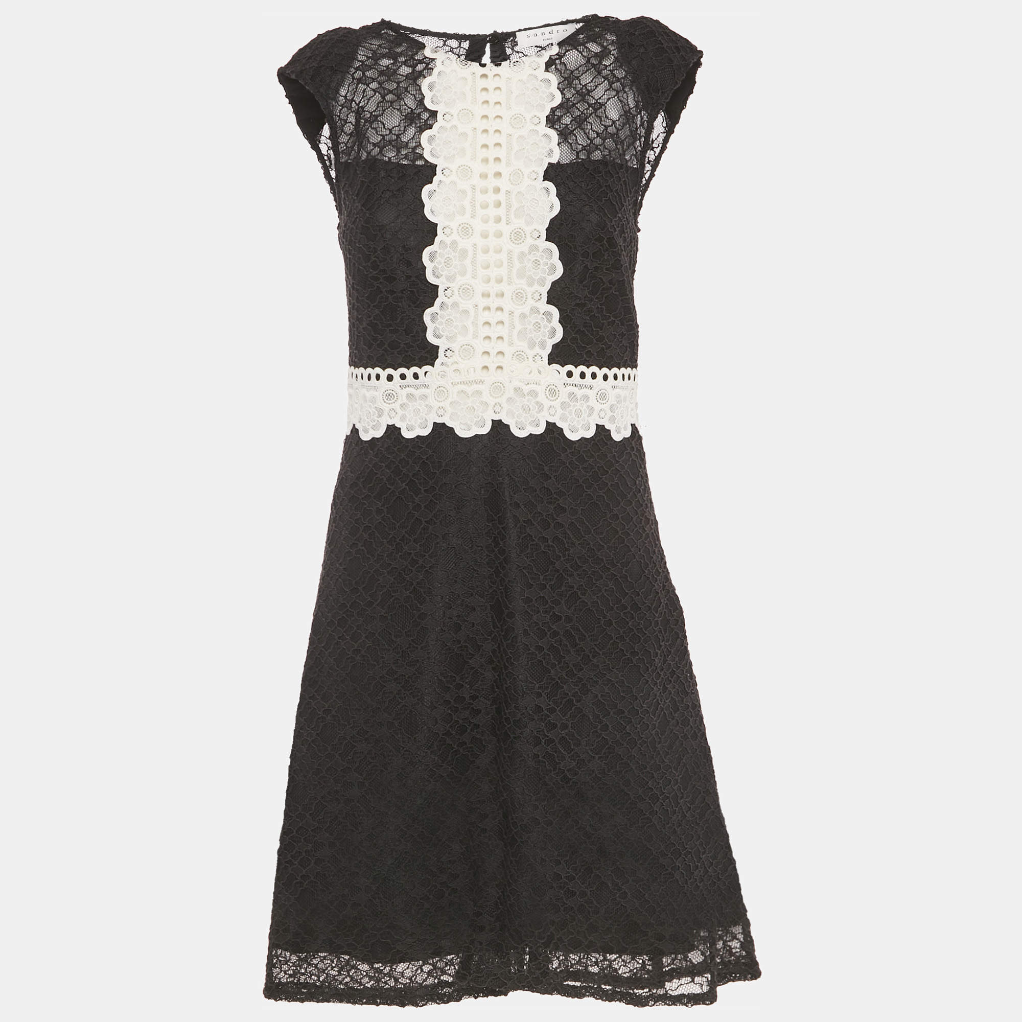 Pre Owned Sandro Black & White Paneled Guipure Lace Mini Dress M