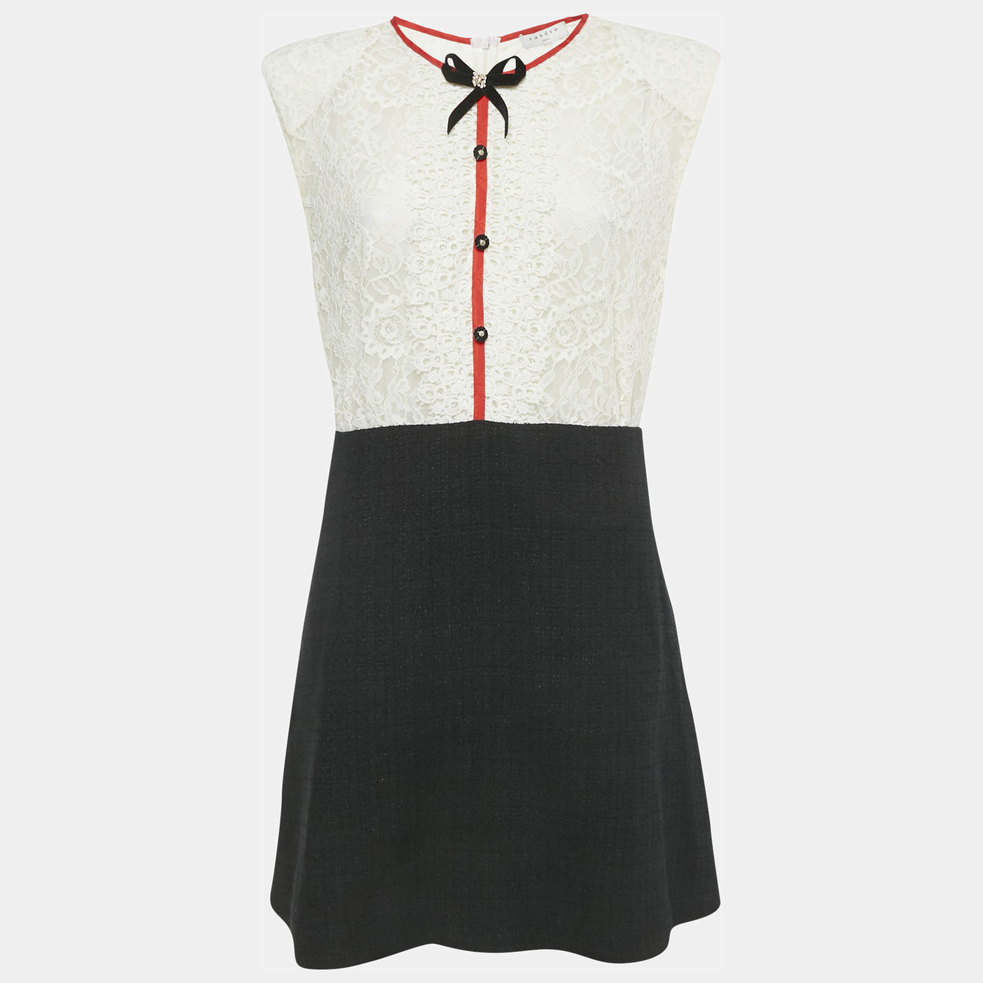 Pre Owned Sandro White /Black Lace & Tweed Bow Detailed Mini Dress L