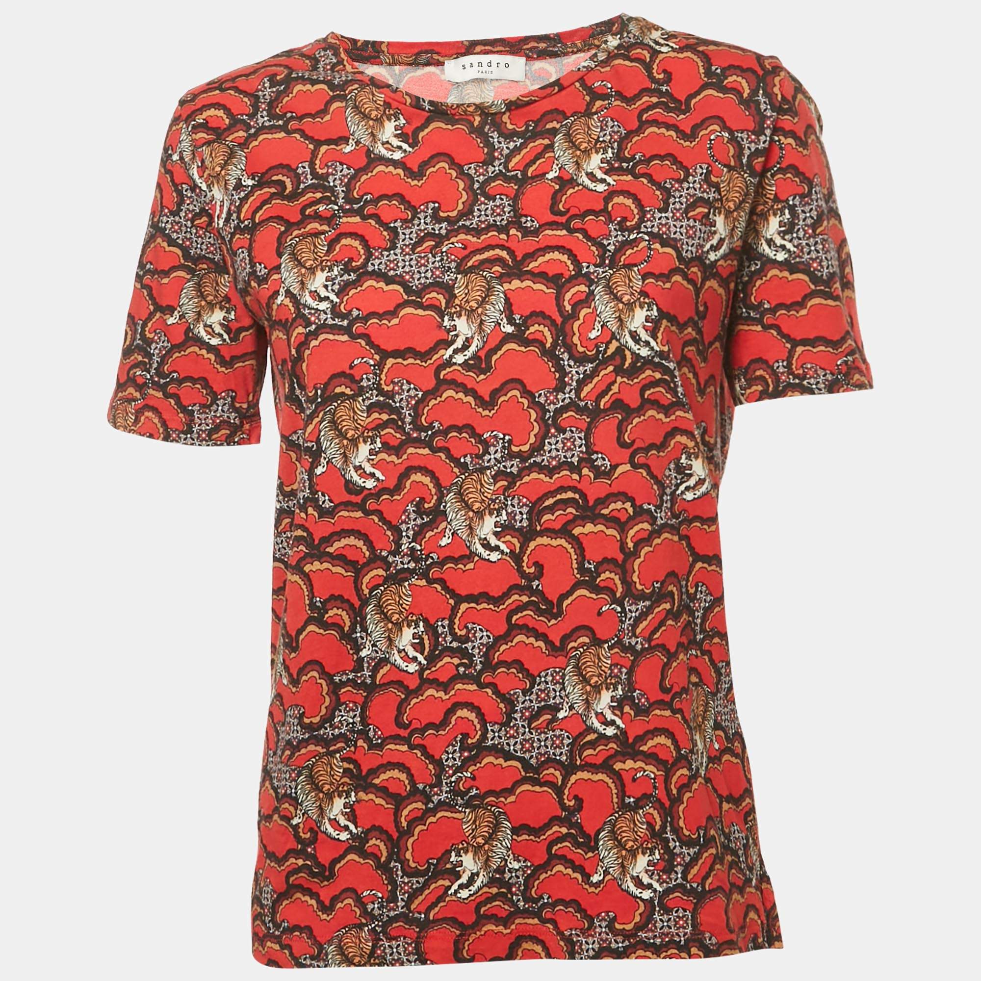 Pre Owned Sandro Red Printed Jersey T-Shirt L