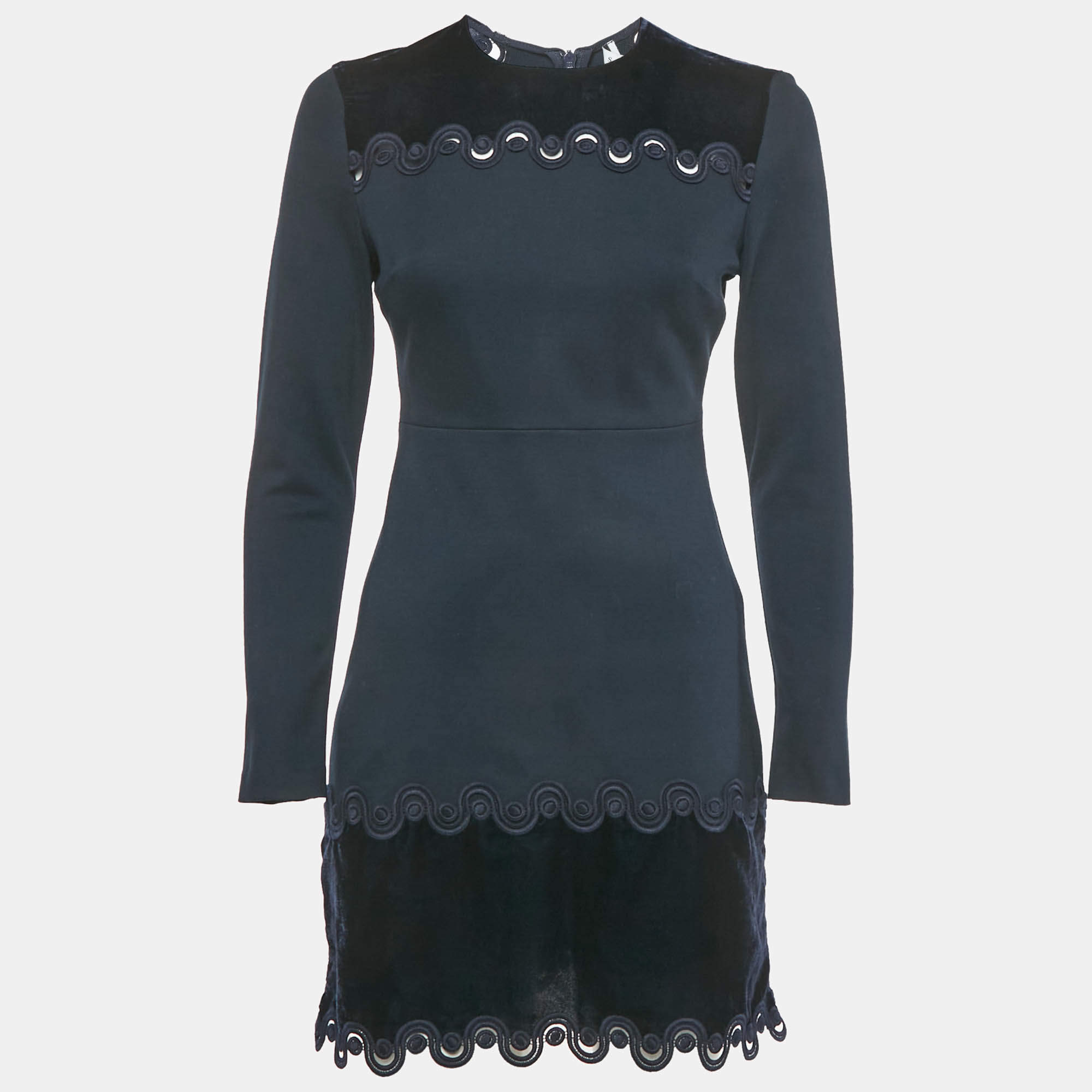 Pre Owned Sandro Navy Blue Jersey Lace and Velvet Detail Mini Dress S