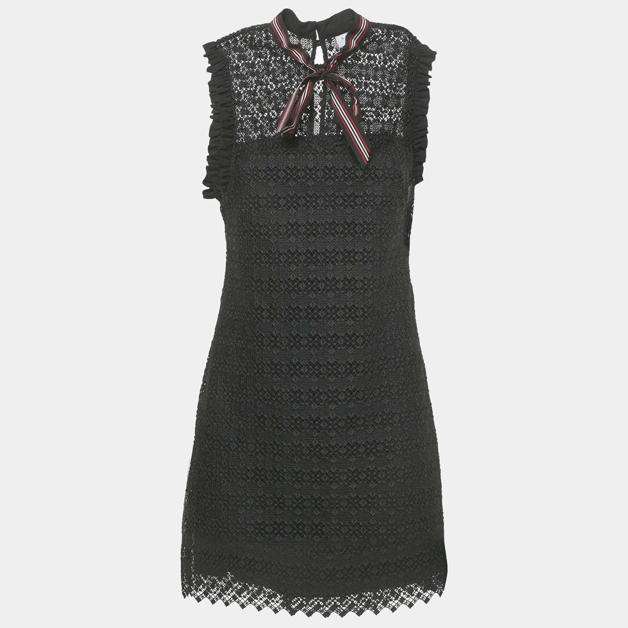 Pre Owned Sandro Black Lace Ruffled Sleeveless Tie Neck Detail Fidele Mini Dress M