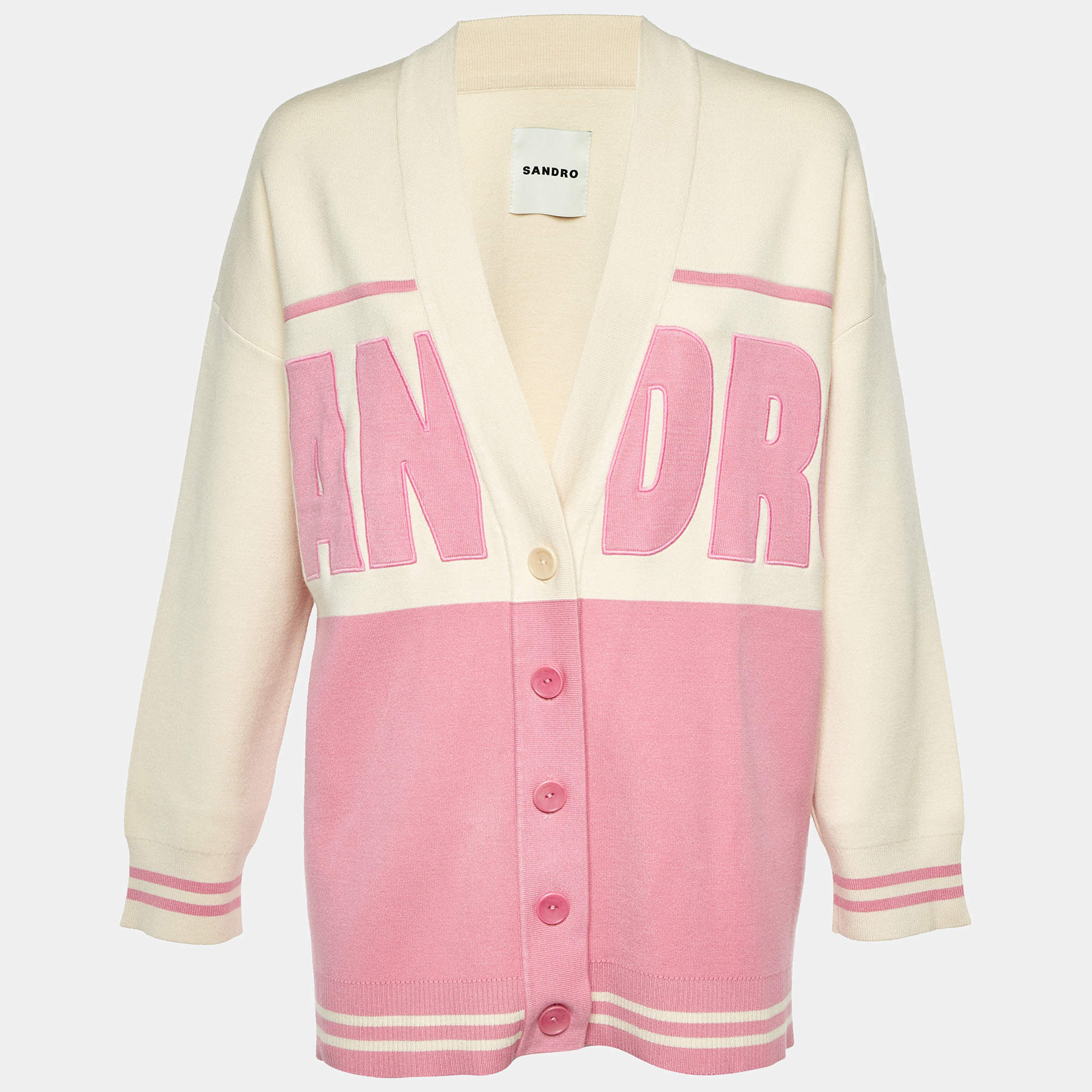 Pre Owned Sandro Pink & Cream Knit Button Front Cardigan S