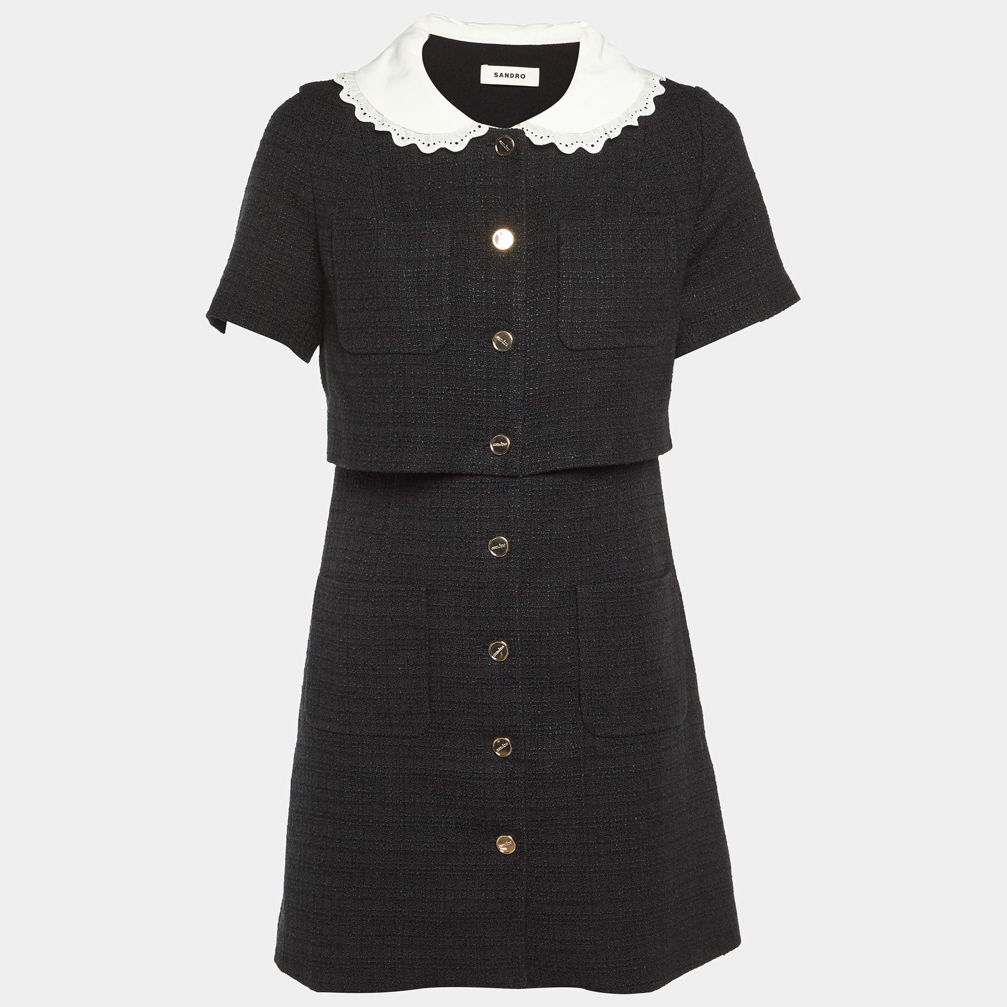 Pre Owned Sandro Black Tweed Contrast Collar Button Front Mini Dress S