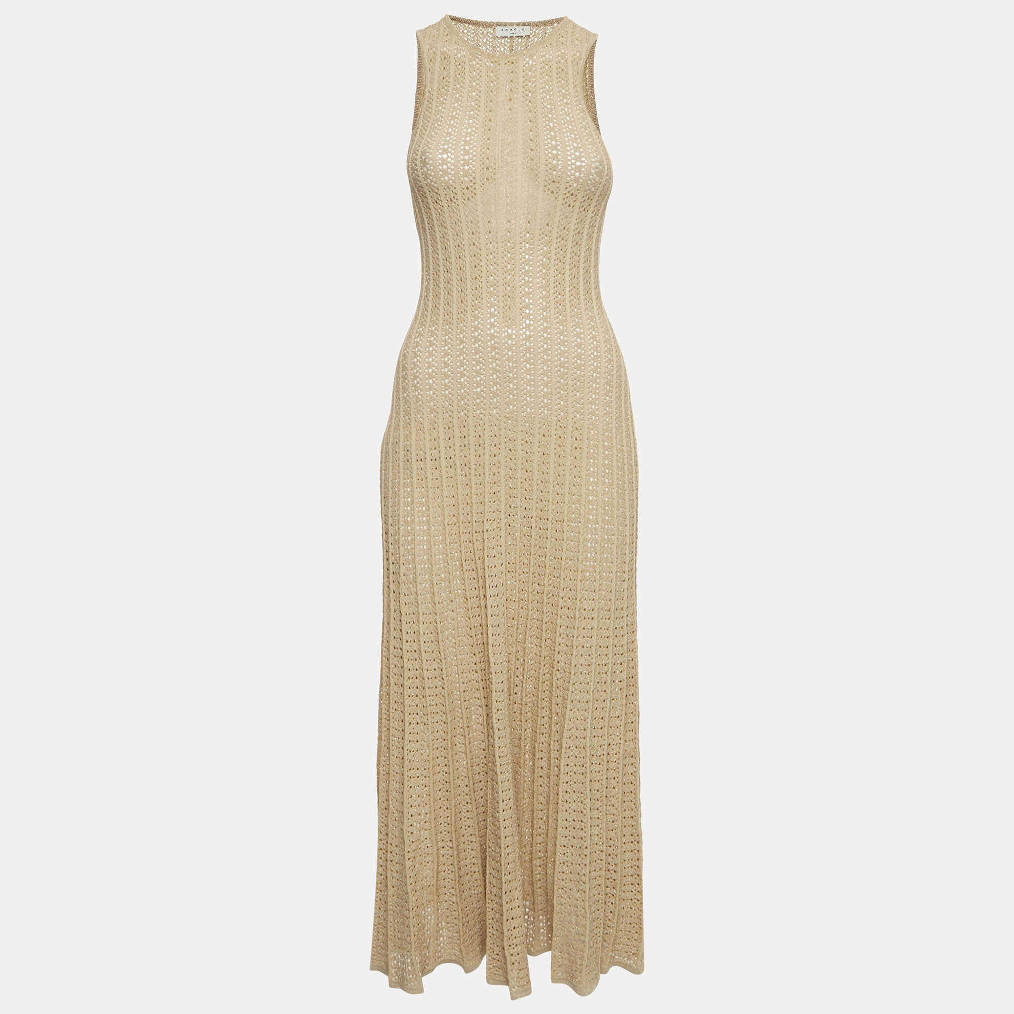 Pre Owned Sandro Beige Pointelle Lurex Flared Midi Dress XS