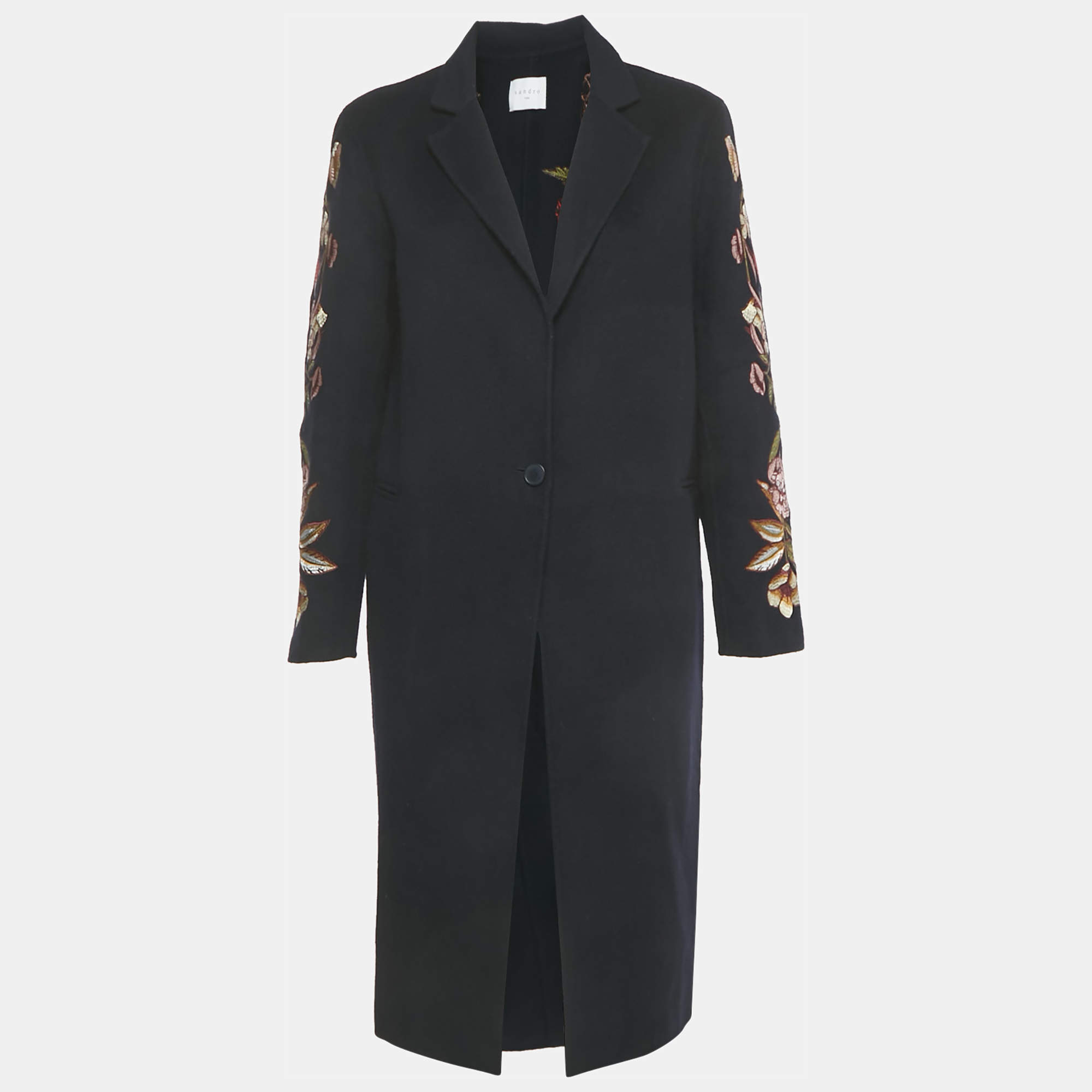 Pre Owned Sandro Navy Blue Floral Embroidery Wool Long Coat S