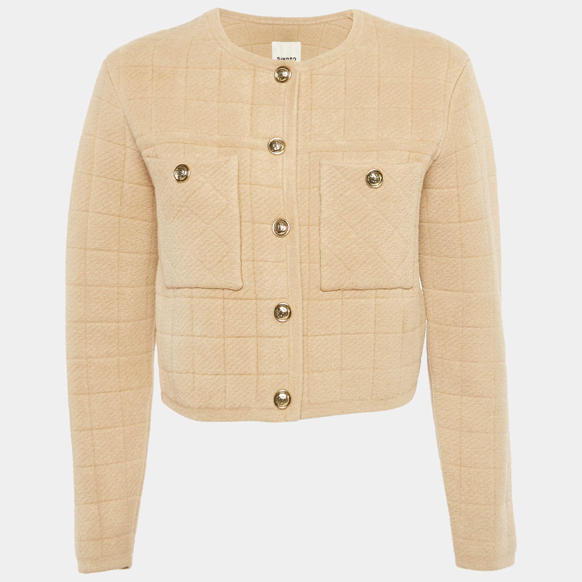 Pre Owned Sandro Camel Brown Boucle Cropped Jacket S