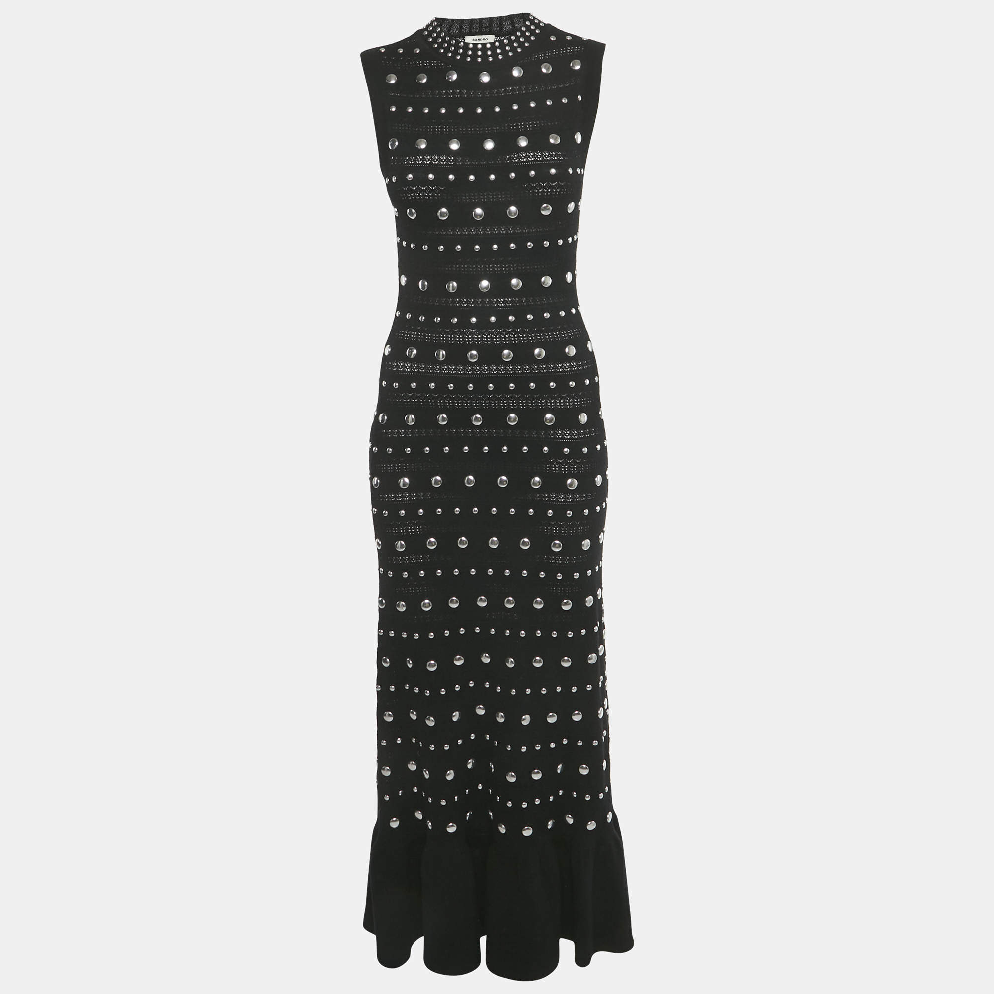 Pre Owned Sandro Black Stud Detail Patterned Wool Blend Knit Venus Long Dress S