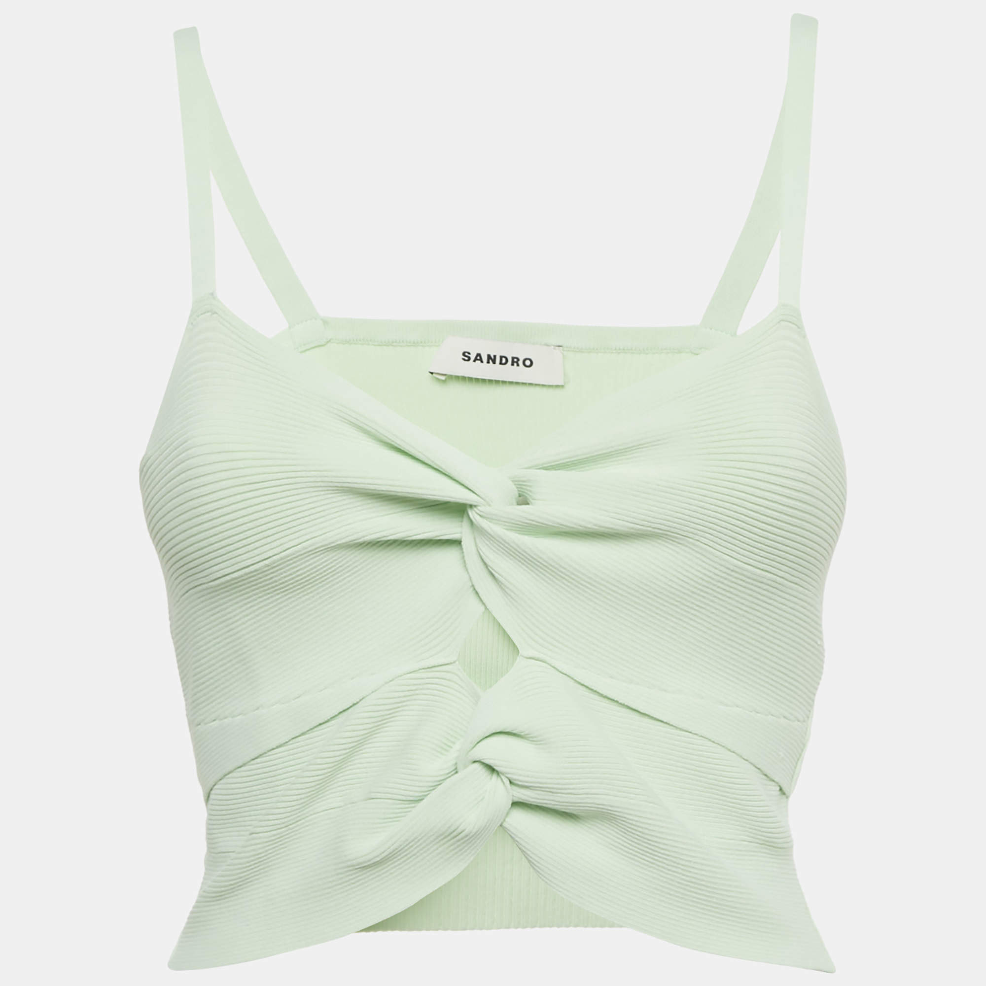 Pre Owned Sandro Light Green Rib Knit Cut-Out Crop Top S