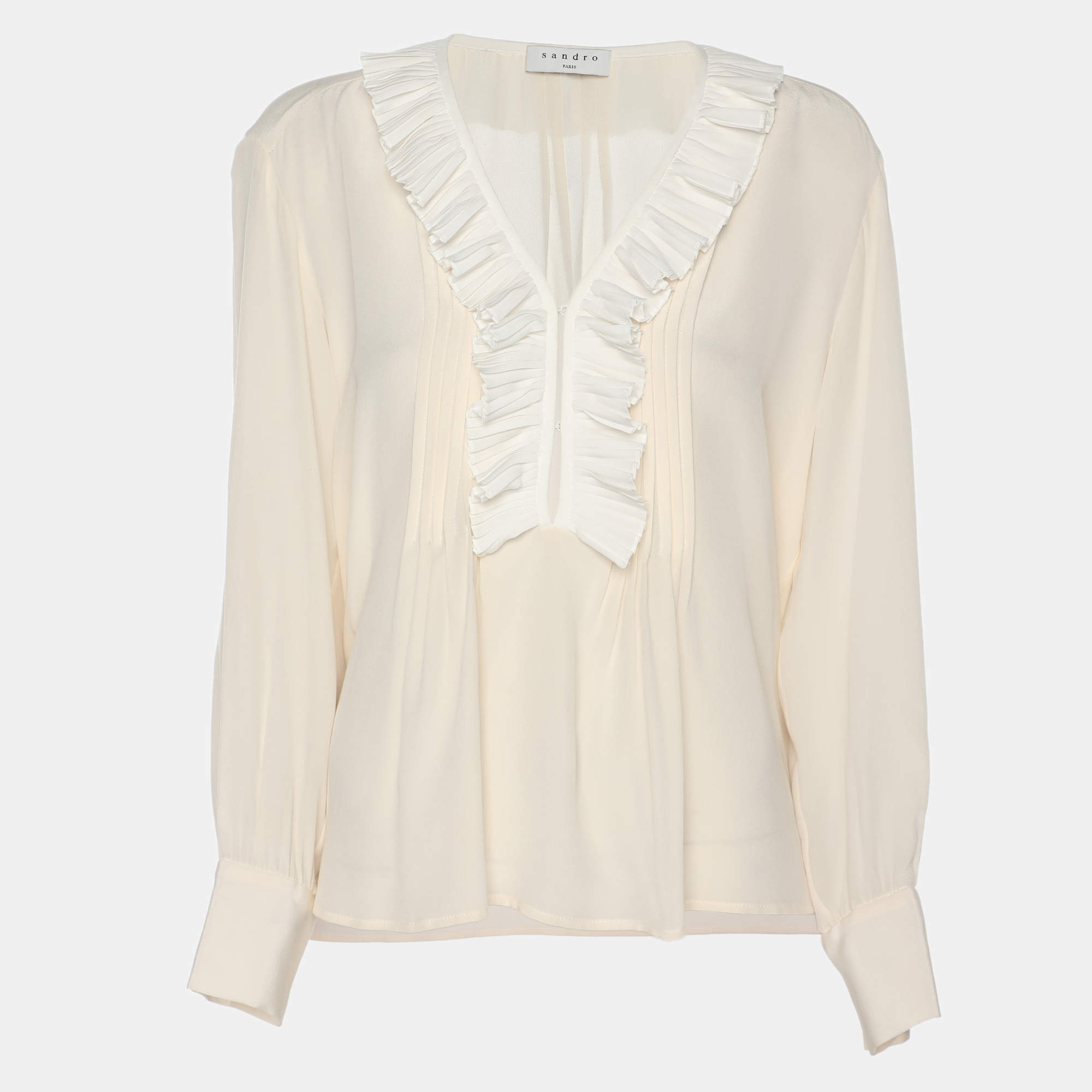 Pre Owned Sandro Light Beige Crepe Ruffle Trip Long Sleeve Shirt S