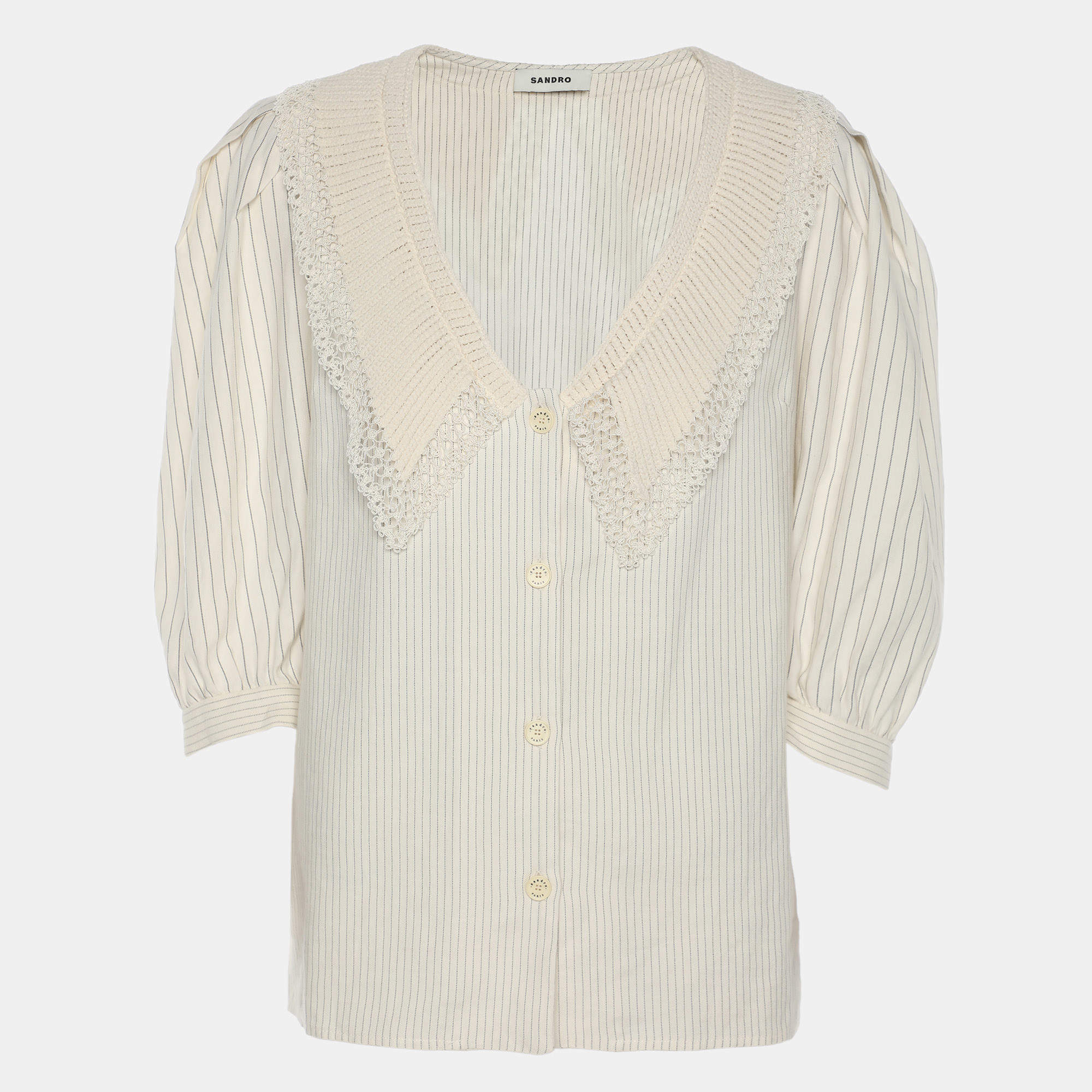 Pre Owned Sandro Cream Stripe Linen Blend Lace Trip Blouse S