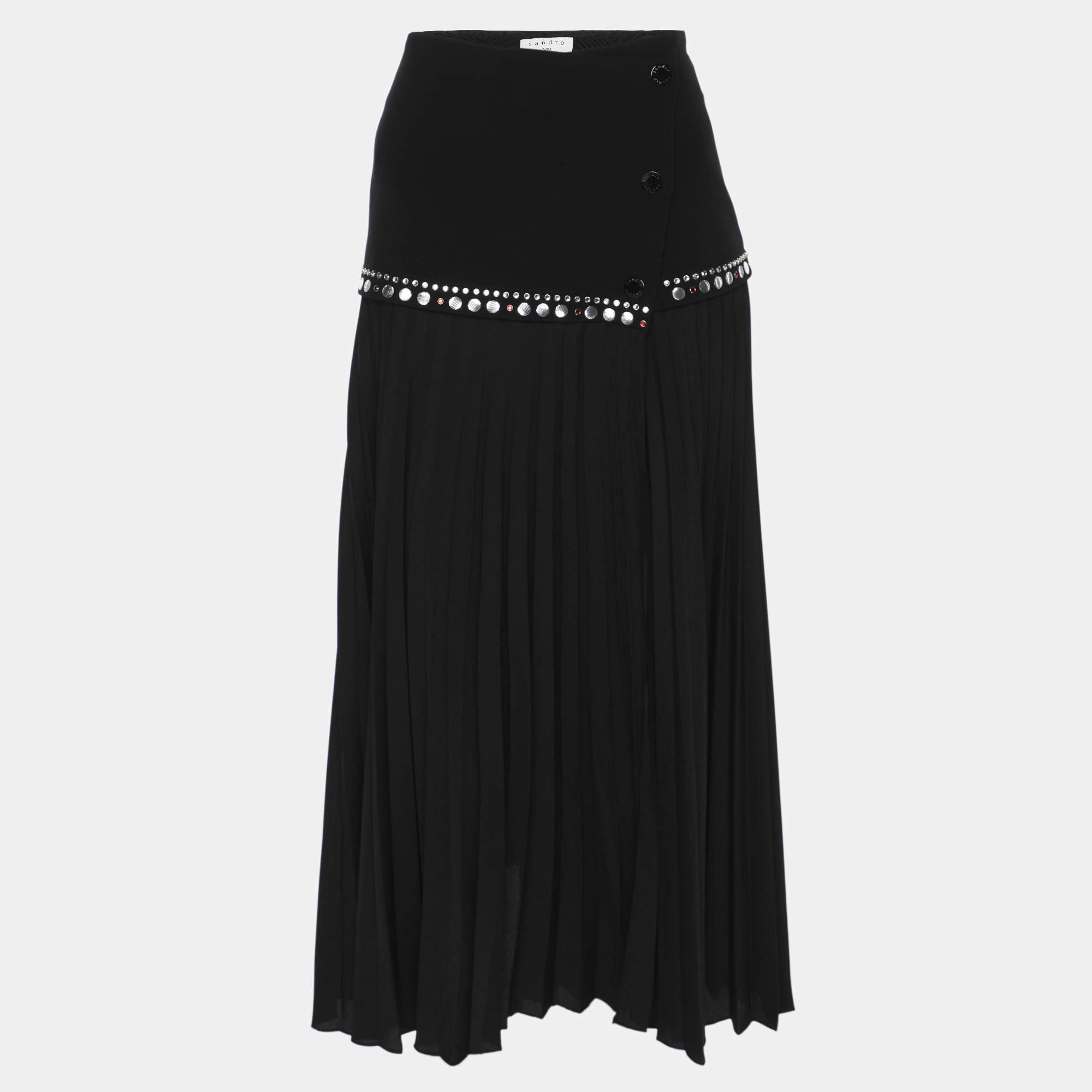 Pre Owned Sandro Black Crepe Fabric Embellished Pleated Midi Skirt L