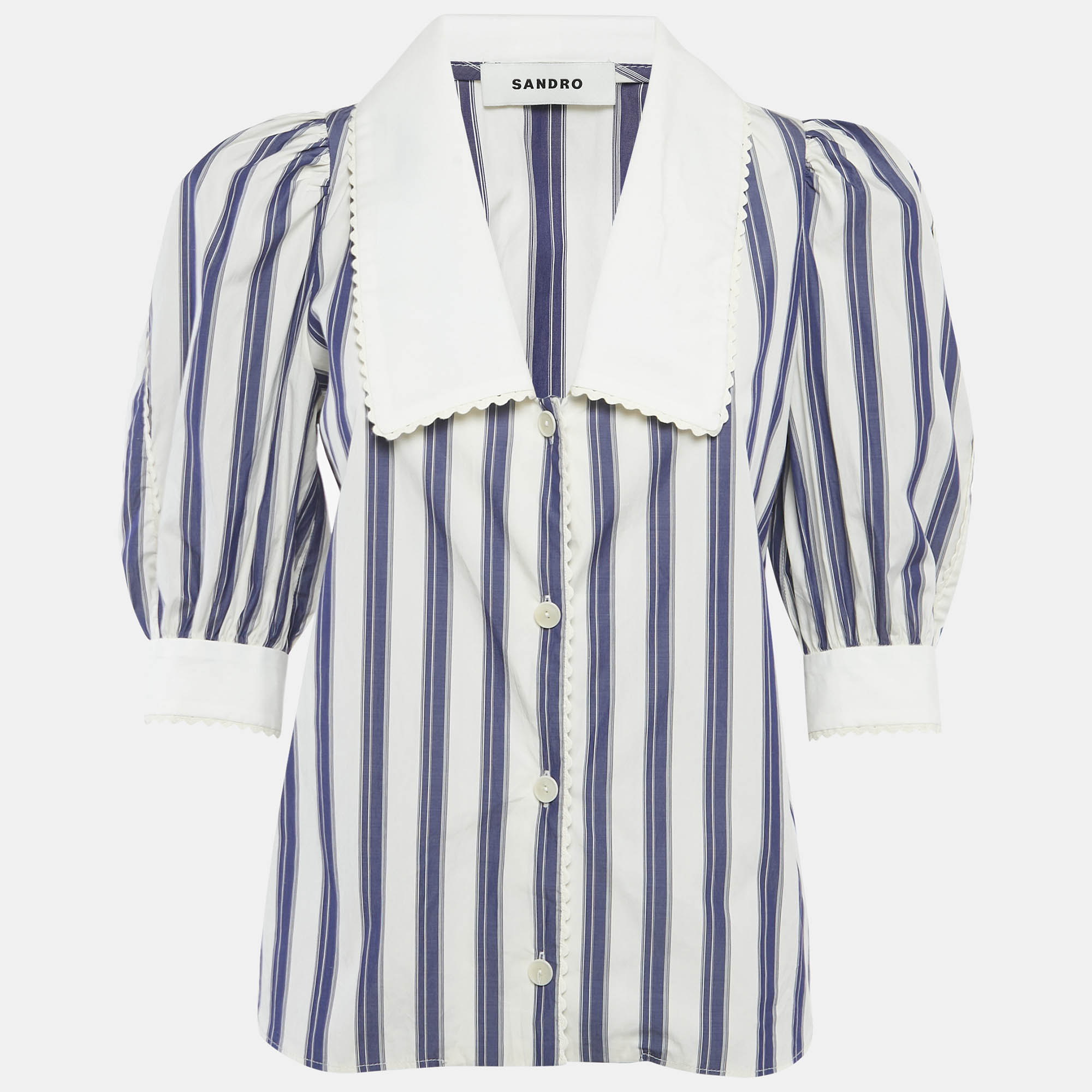 Pre Owned Sandro Blue Stripe Cotton Oversize Collar Detail Button Front Blouse XS