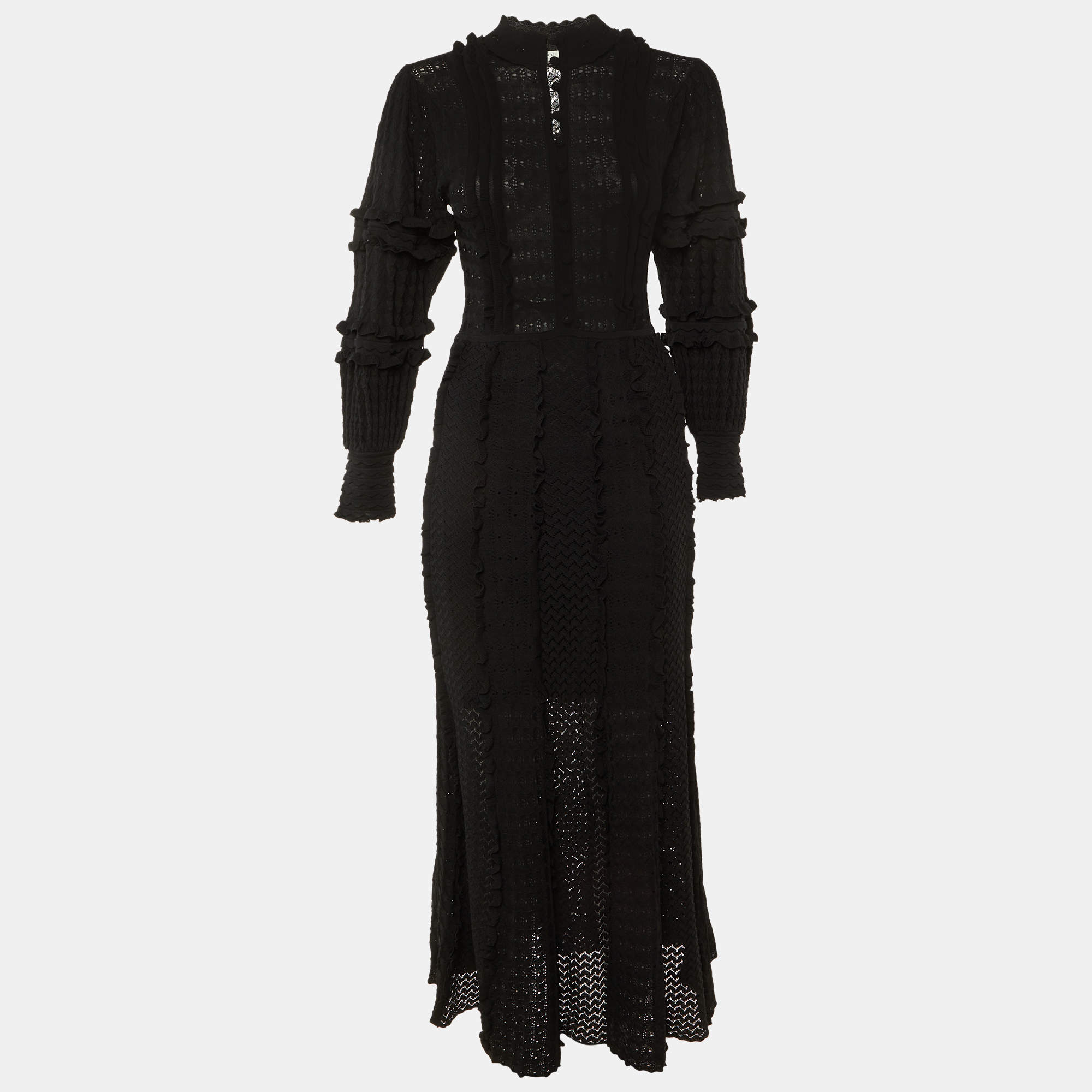 Pre Owned Sandro Black Pointelle Knit Johanne Ruffled Long Dress S