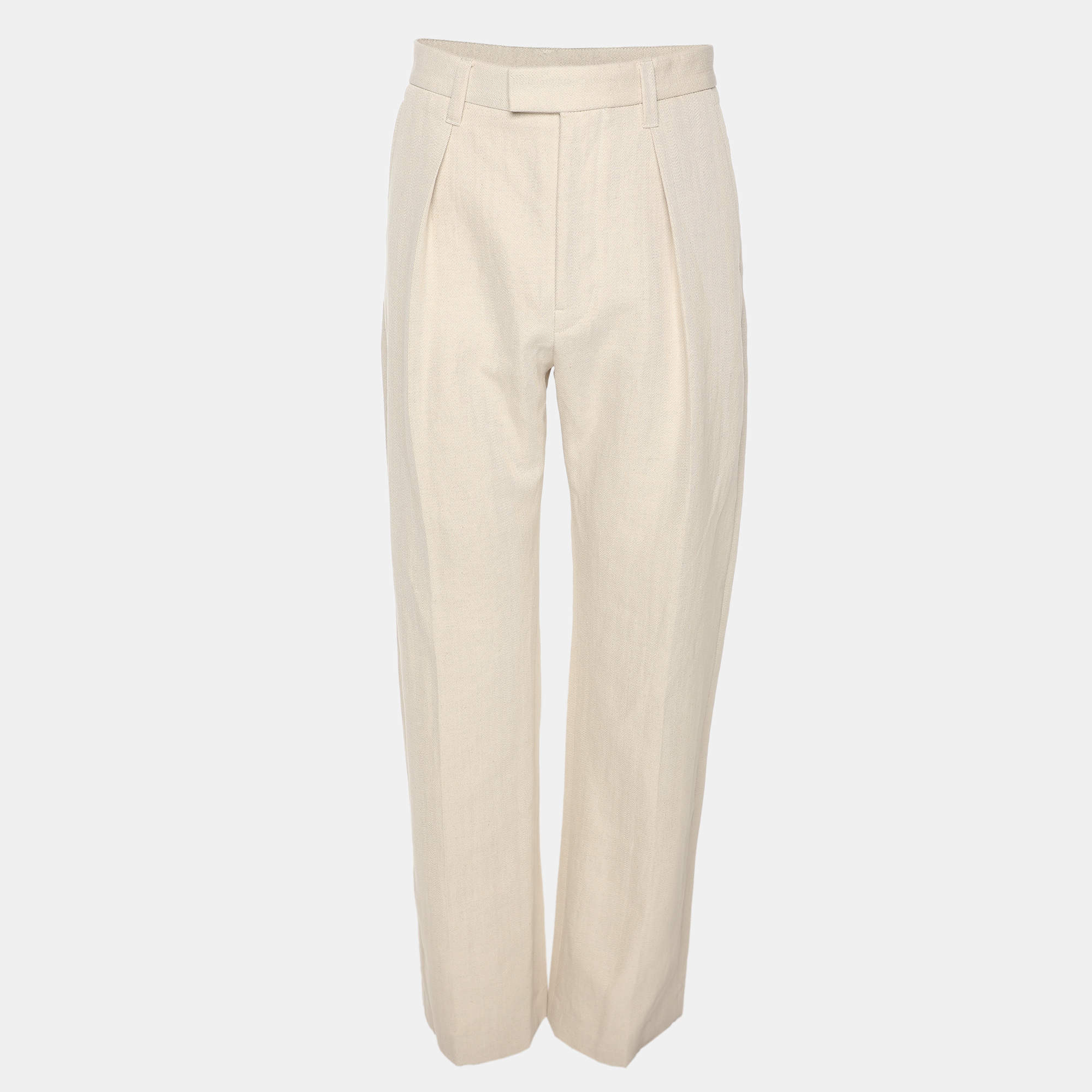 Pre Owned Sandro Light Beige Gabardine Pleated High-Waist Trousers M