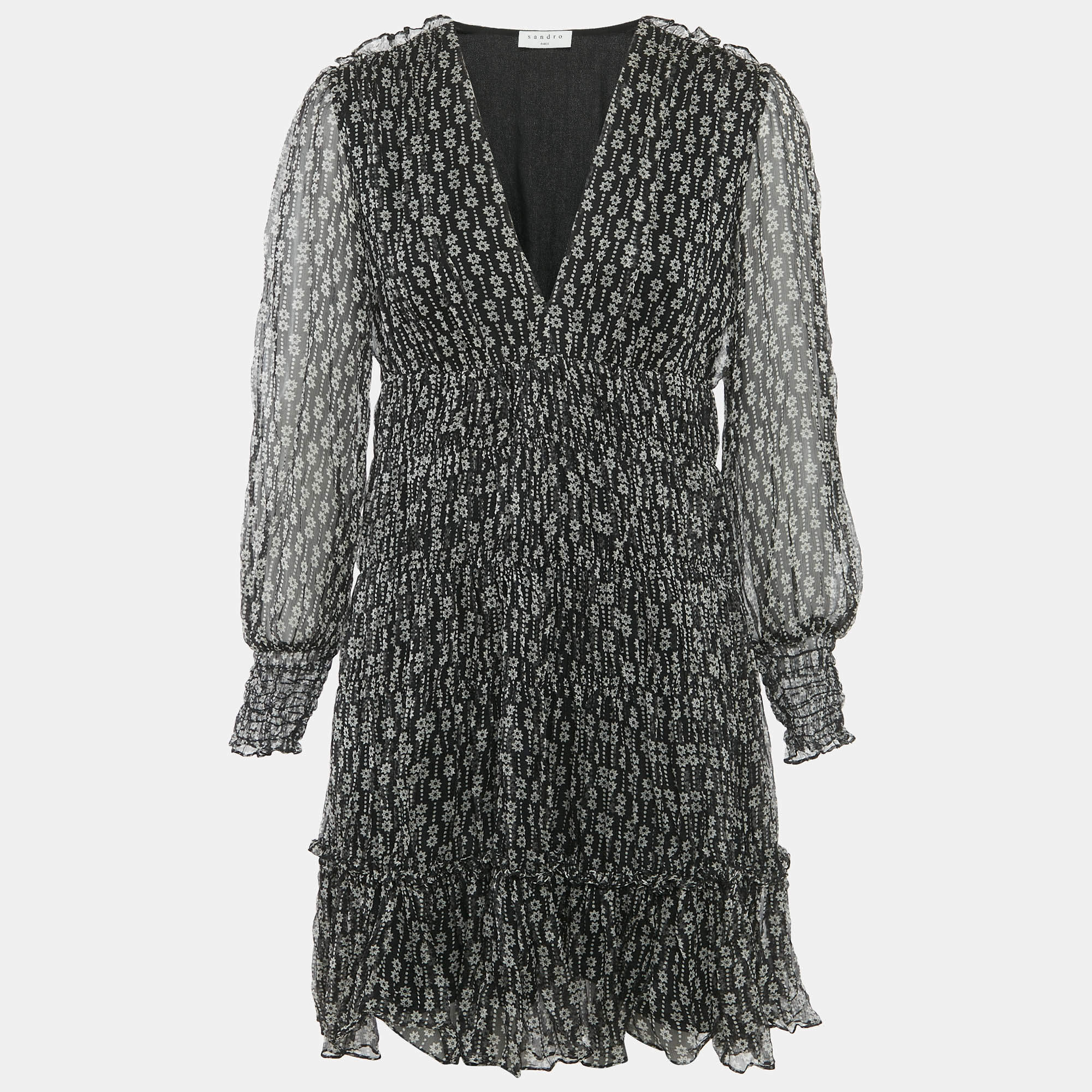 Pre Owned Sandro Black Printed Silk Mini Dress M