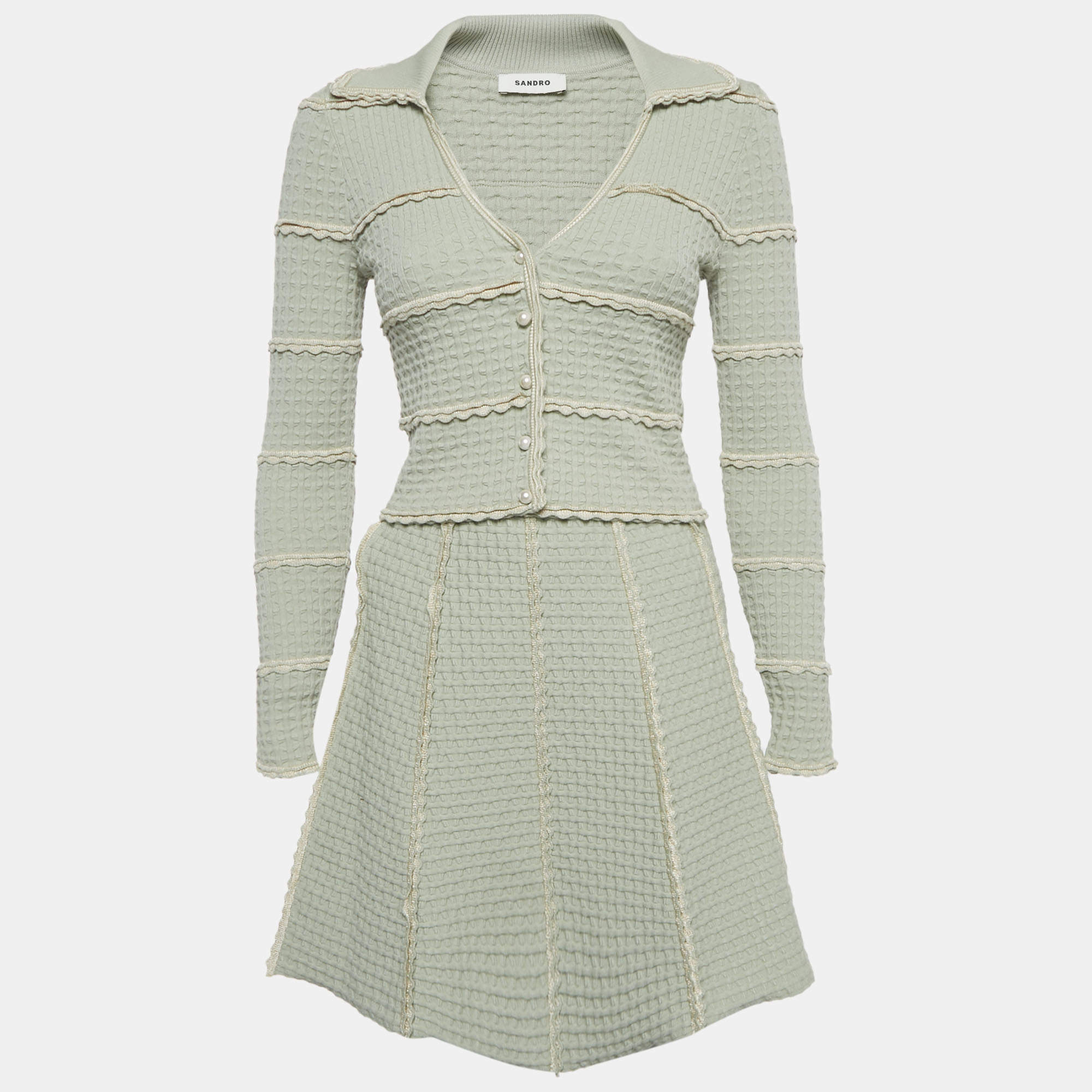 مملوكة مسبقًا Sandro Light Green Fancy Stitch Knit Jacket and Skirt Set XS
