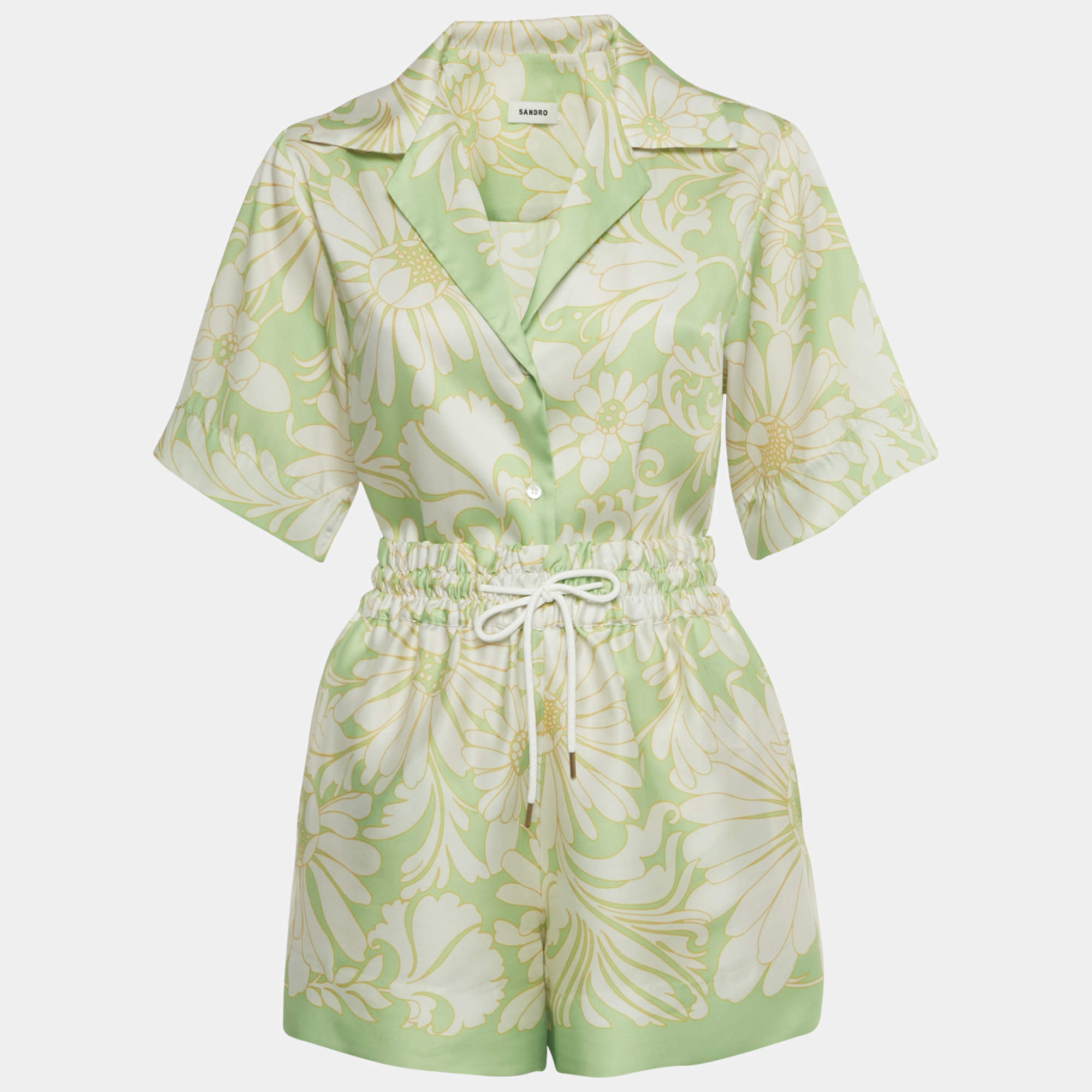Pre Owned Sandro Green Floral Print Satin Top & Shorts Set XS