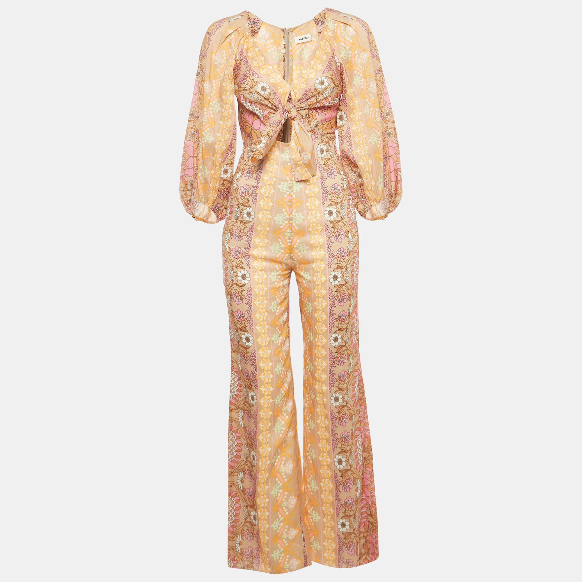Pre Owned SANDRO Beige Printed Linen Blend Tie Detail Wide Leg Jumpsuit XS