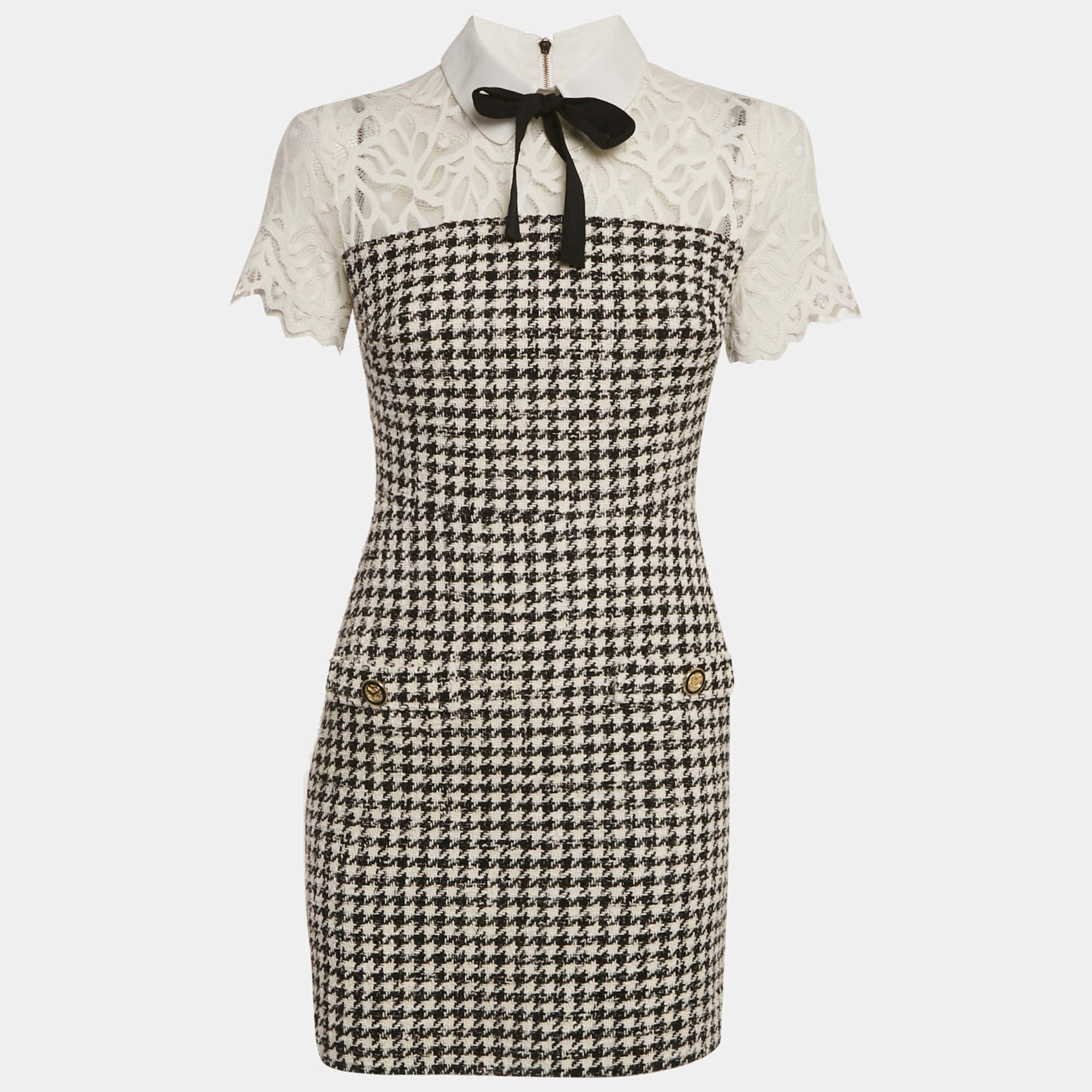 Pre Owned Sandro Monochrome Tweed & Lace Collared Mini Dress S