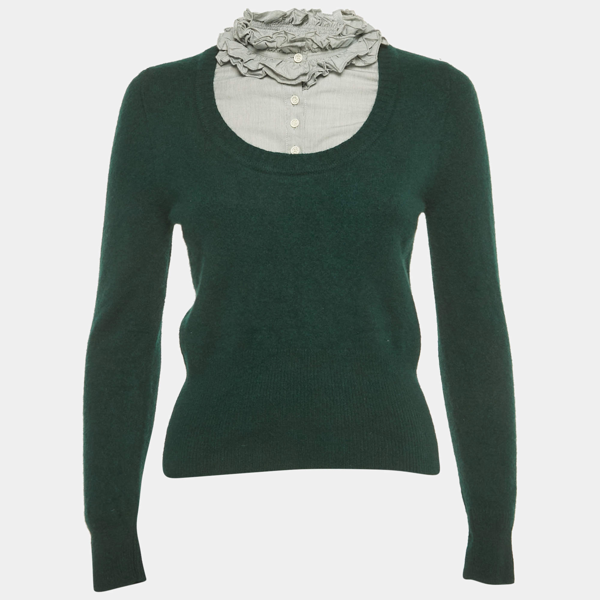 Pre Owned Sandro Green Cotton Trim Wool Fitted Sweater L
