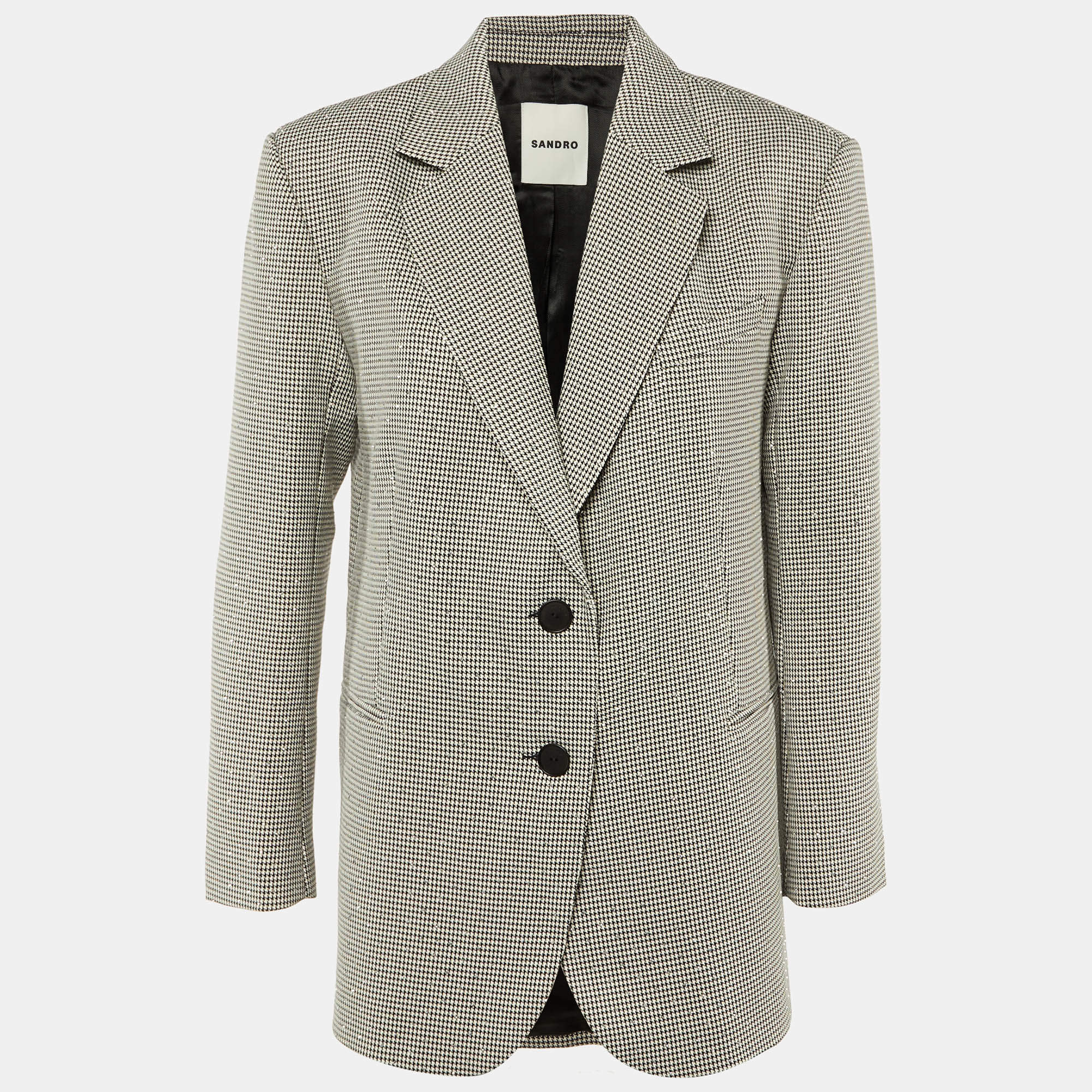 Pre Owned Sandro Black /White Embellished Houndstooth Oversize Blazer XS 